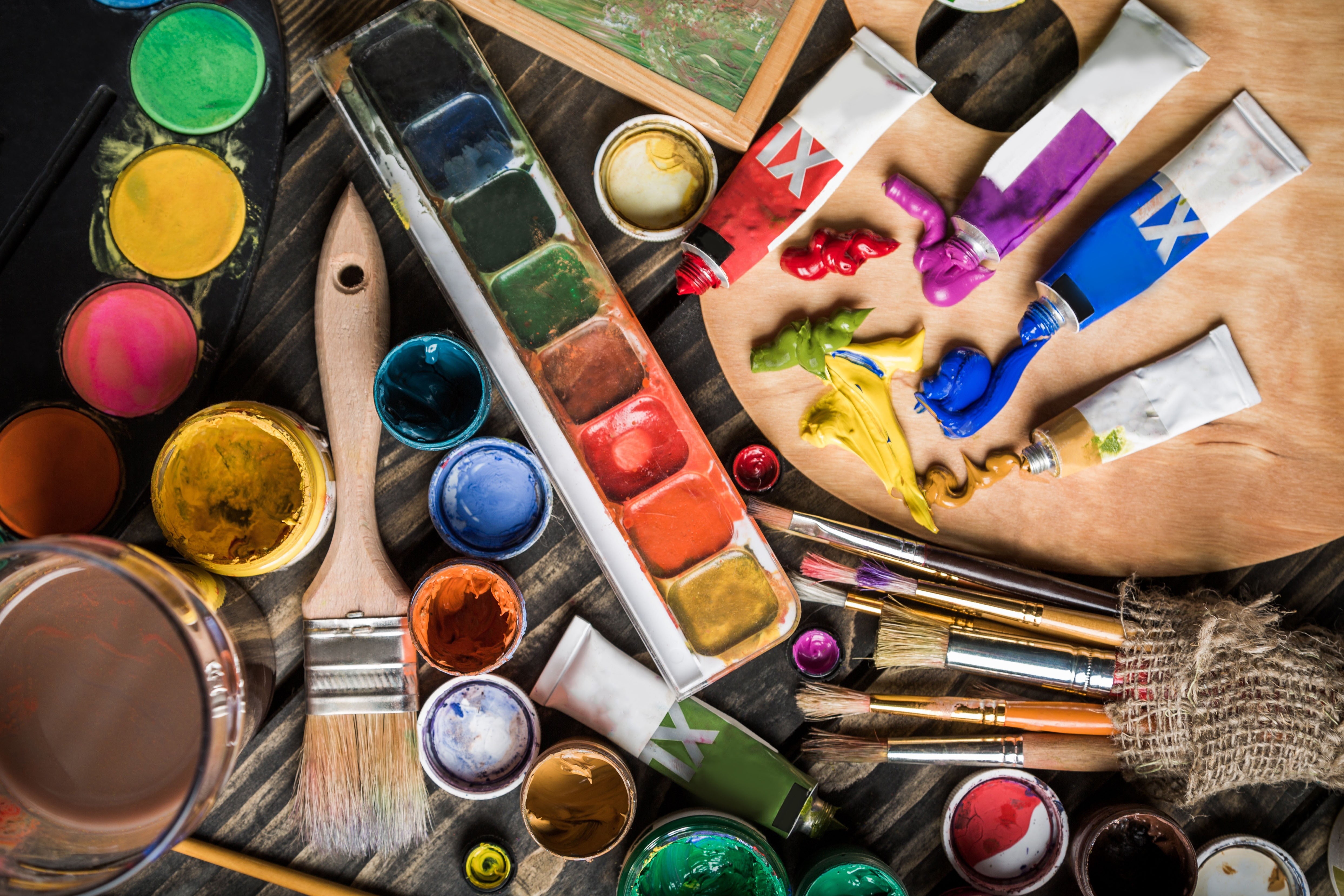tubes, painted Image, close-up, art and craft equipment, creativity, easel, fashion, red, table, collection, bokeh, dye, paint, equipment, make-up, HD Wallpaper