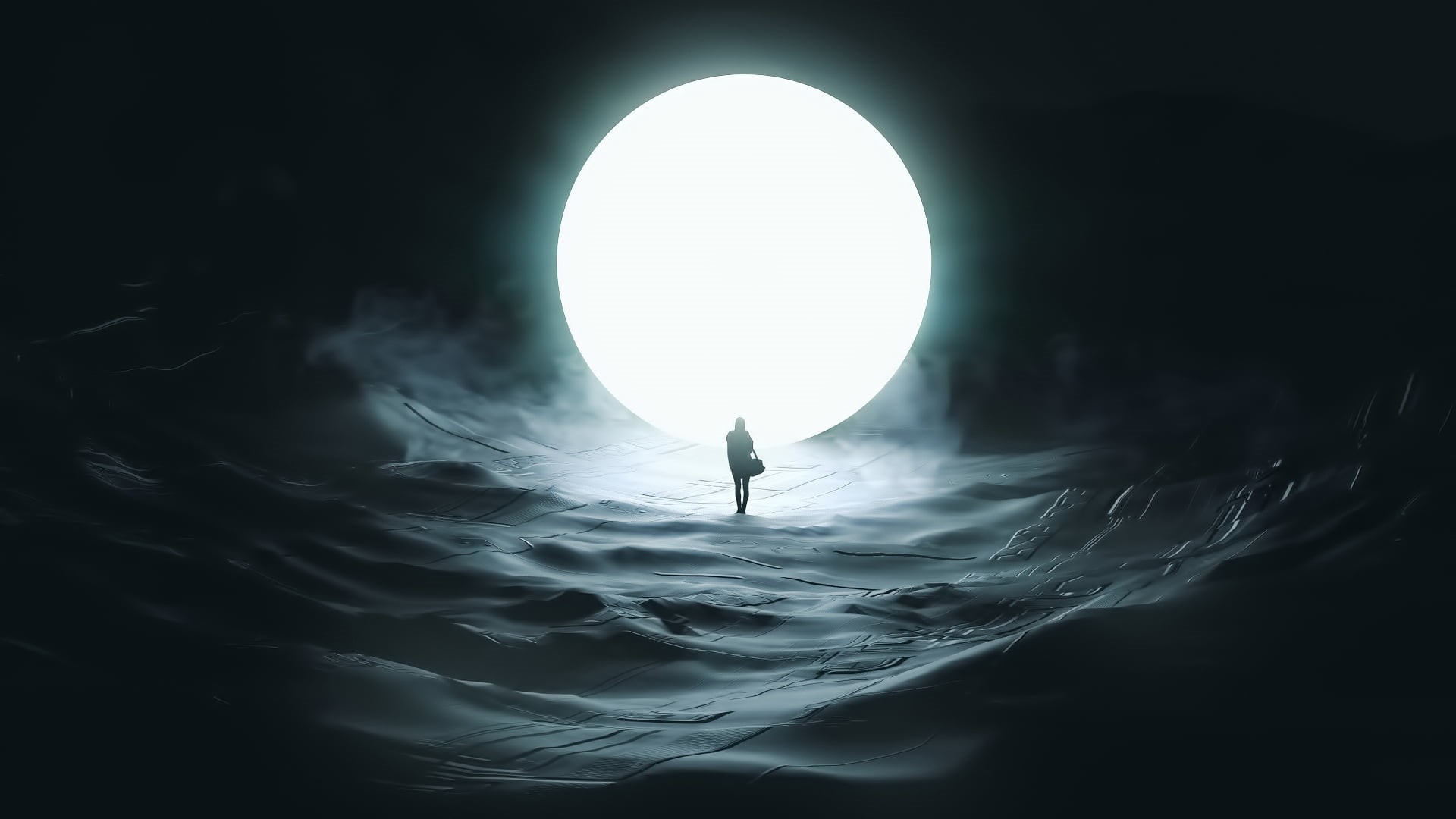 ideas, one person, geometric shape, real people, illustration, minimalism, poster, waterfront, moon, people, Portal, man, space, water, outdoors, backgrounds, HD Wallpaper
