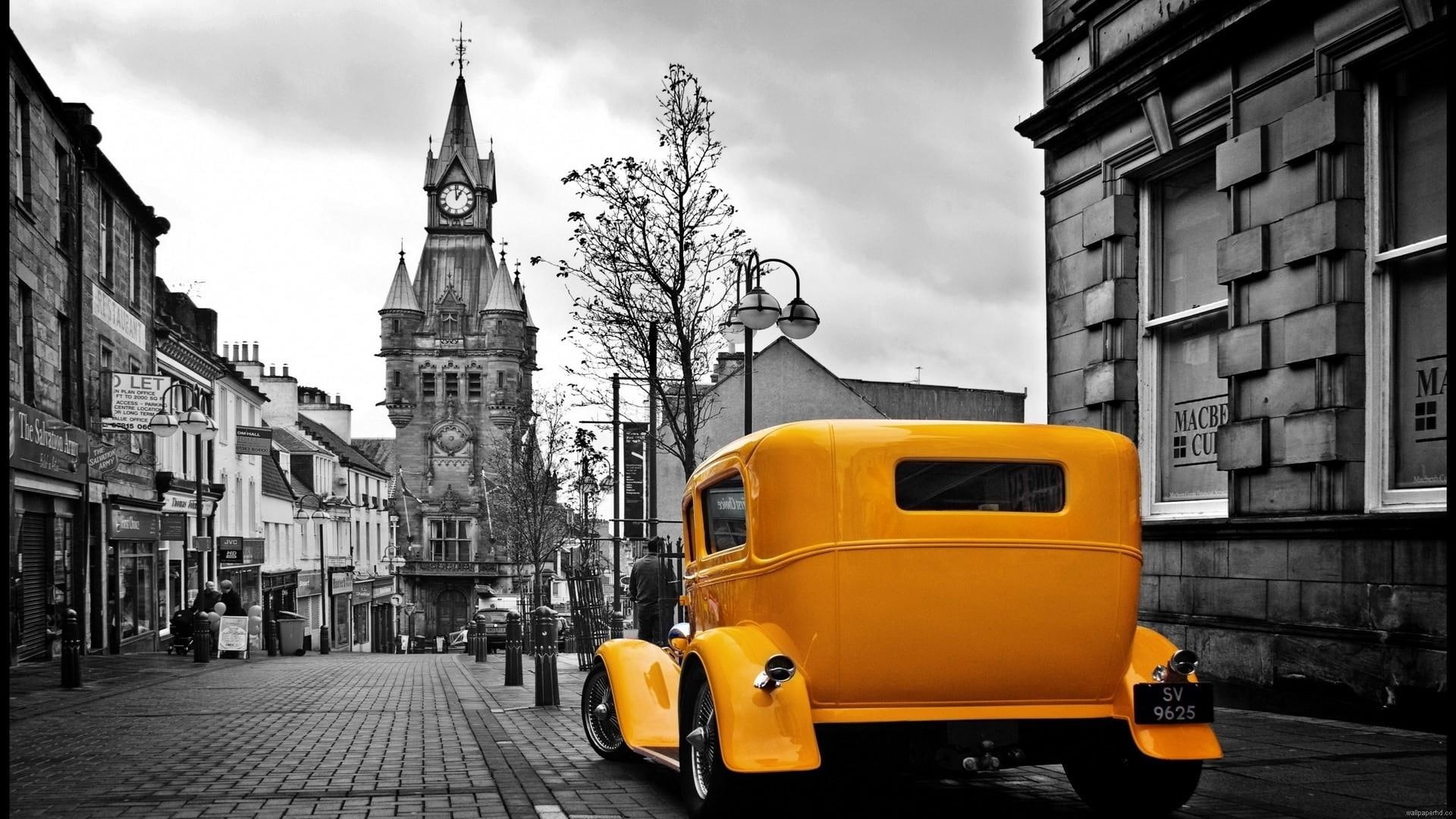 black and white, city, 1080P, black and white, bandw, city centre, church, yellow car, architecture, clock, street, temple, road, toward, HD Wallpaper