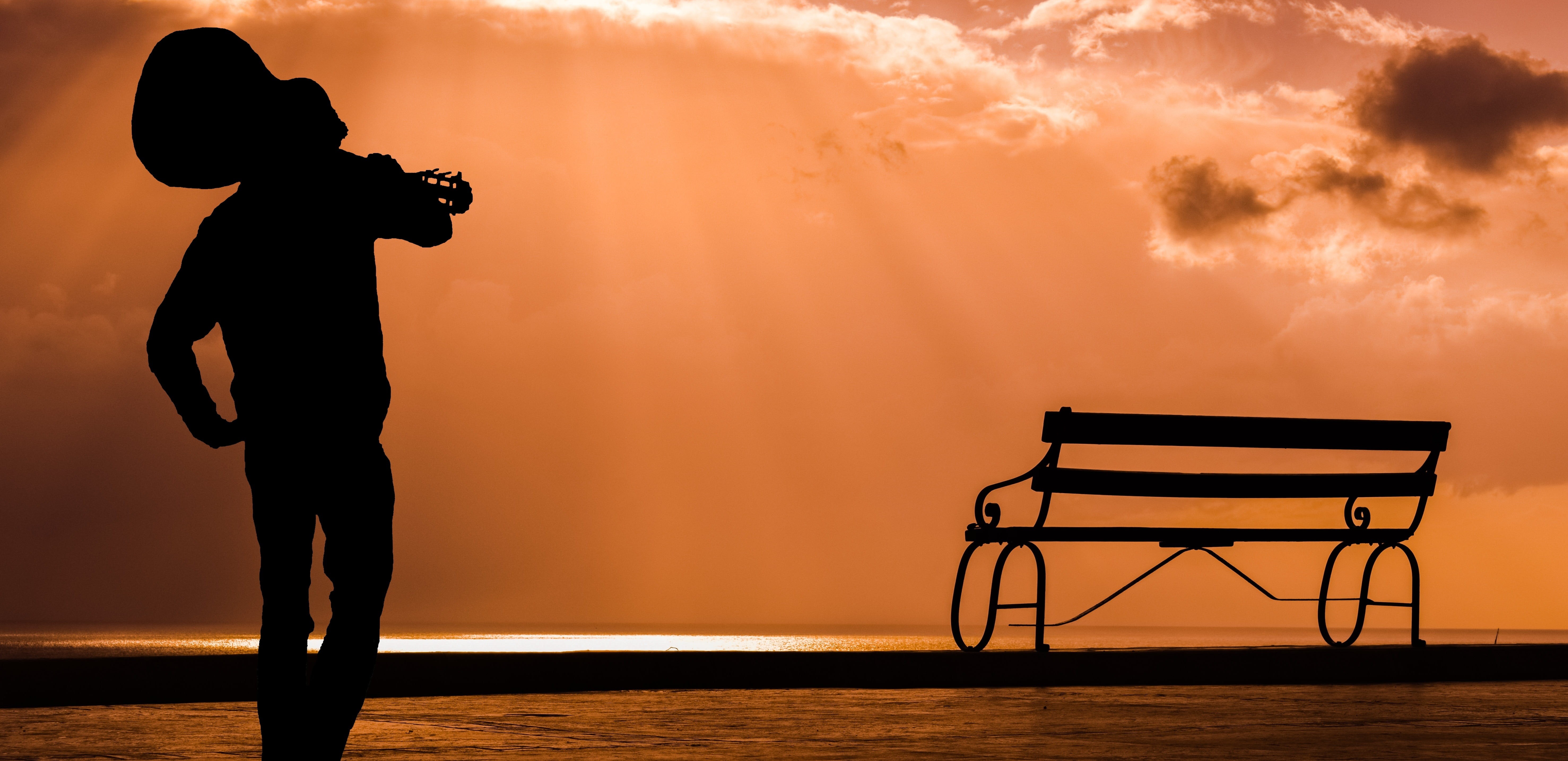 music, rear view, beauty in nature, occupation, sky, seat, man, nature, person, 5K, guitarist, guitar, bench, architecture, sunset, instrument, towards, HD Wallpaper