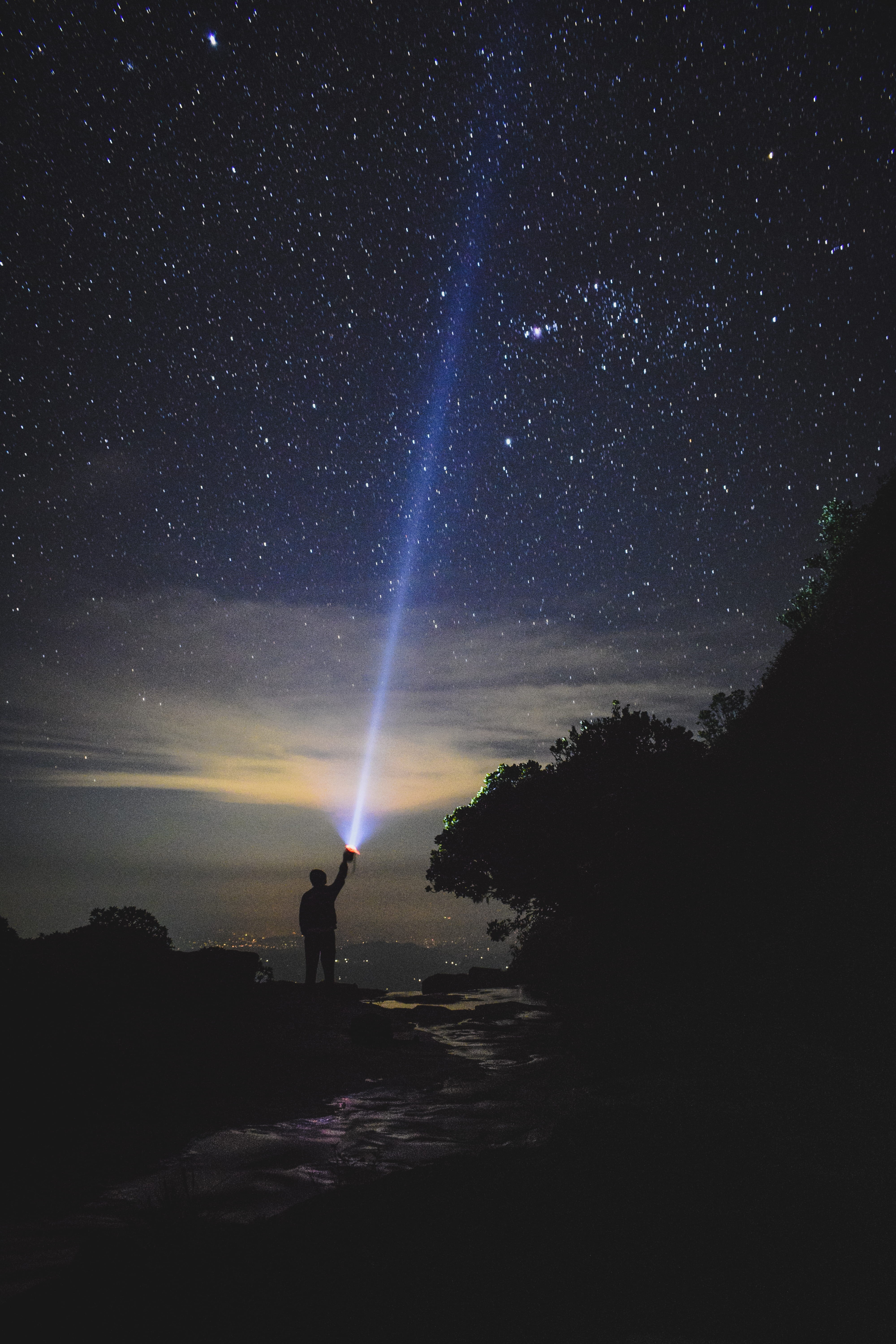 towards, beauty in nature, standing, sky, pointing, star, hiking, nightlap, camera, outdoors, space and astronomy, holding, scenics - nature, night, tranquility, Phone HD Wallpaper