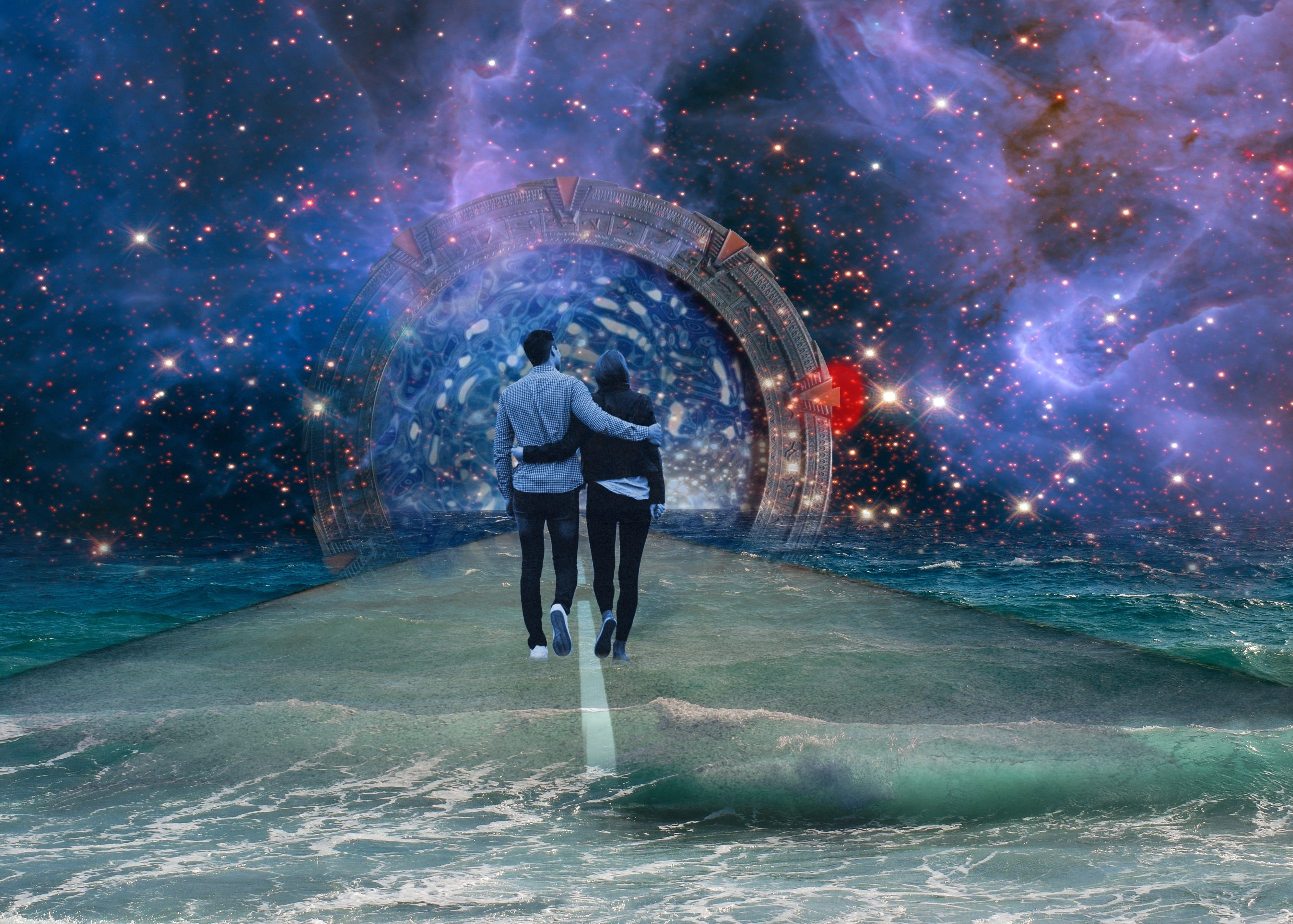 arts culture and entertainment, fog, astronomy, big bang, people couple, 4K, spaceship, sice fiction, people, sea, god, couple, digital composite, milky way, HD Wallpaper