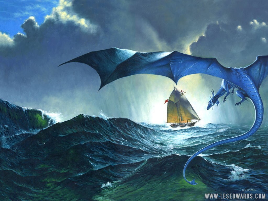 blue, toward, group of animals, nature, fish, painting, sea life, 480P, flying, sky, dragon, vertebrate, animal wildlife, day, water, people, animals in the wild, HD Wallpaper