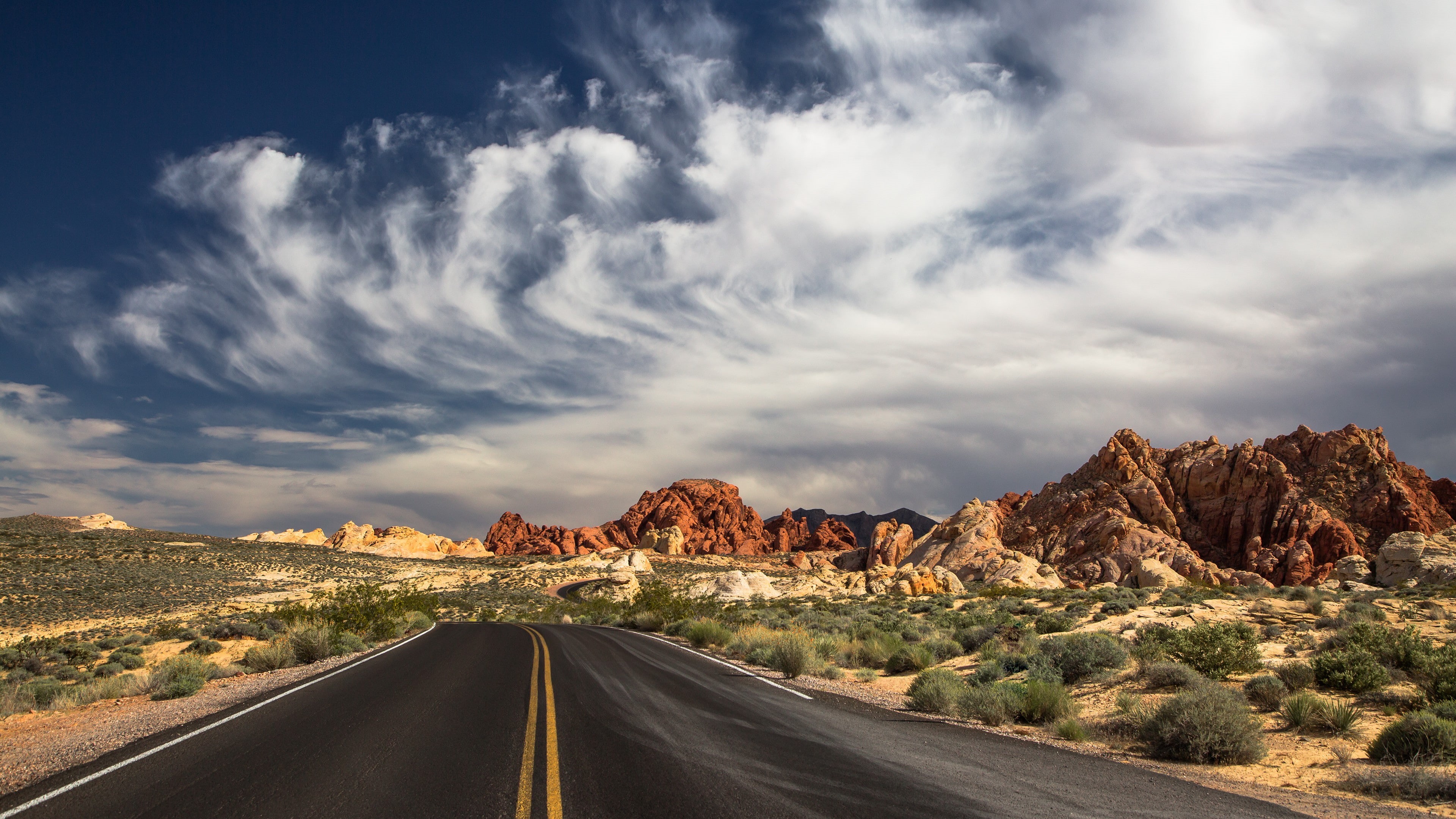 photo, mountains, valley, 4k, 5k, sky, toward, 4K, the Valley of Fire State Park, roadway, road, Las Vegas, daytime, clouds, day, mountain, HD Wallpaper