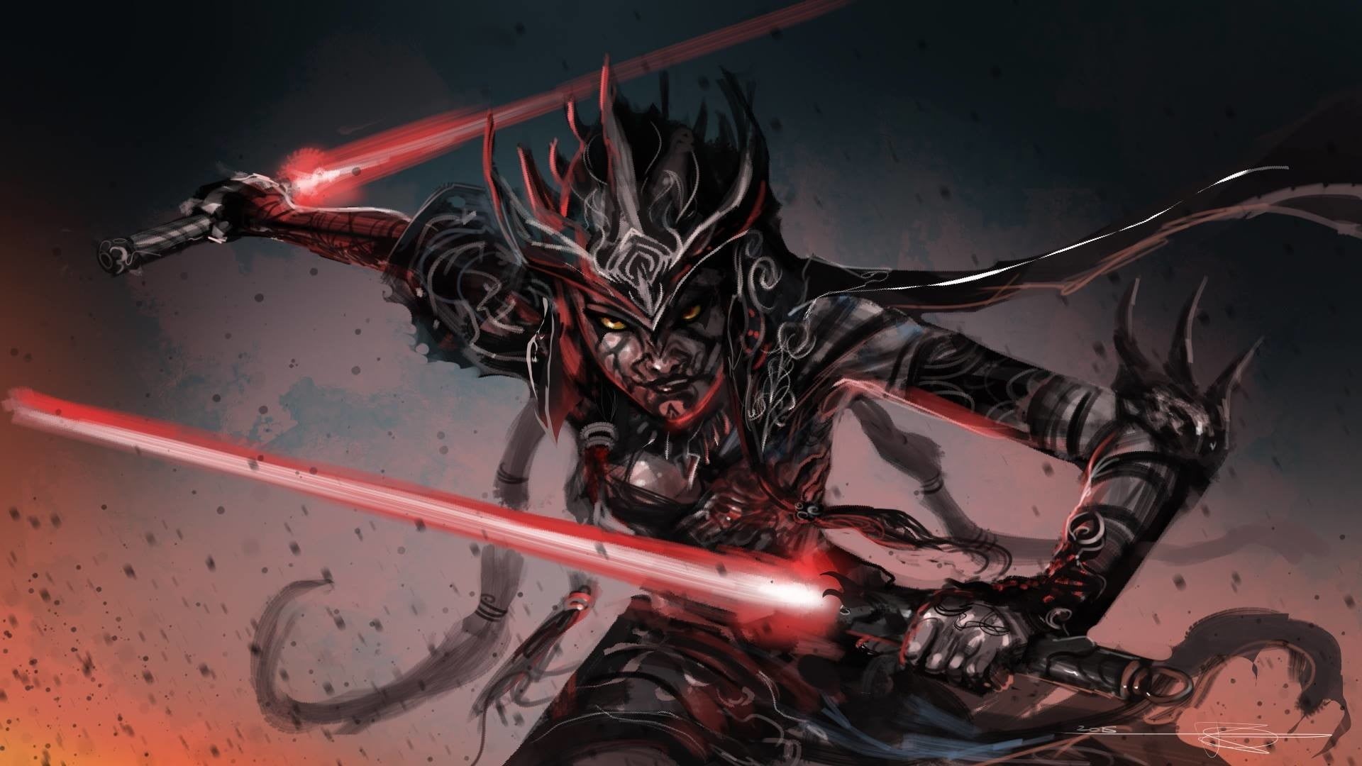 transportation, road, Sith, night, black color, Star Wars, female, holding, street, metal, indoors, character, close-up, red, city, lightsaber, motorcycle, HD Wallpaper