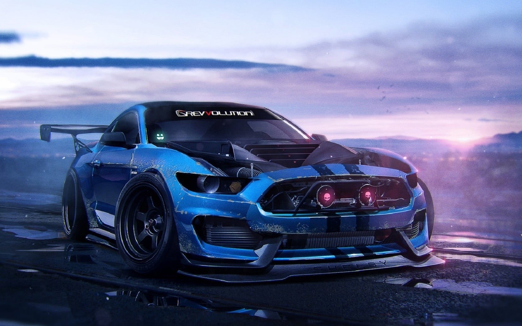sky, cloud - sky, blue, city, luxury, retro styled, 720P, mode of transportation, motor vehicle, outdoors, land vehicle, sports car, purple, car, Ford Mustang Shelby, HD Wallpaper