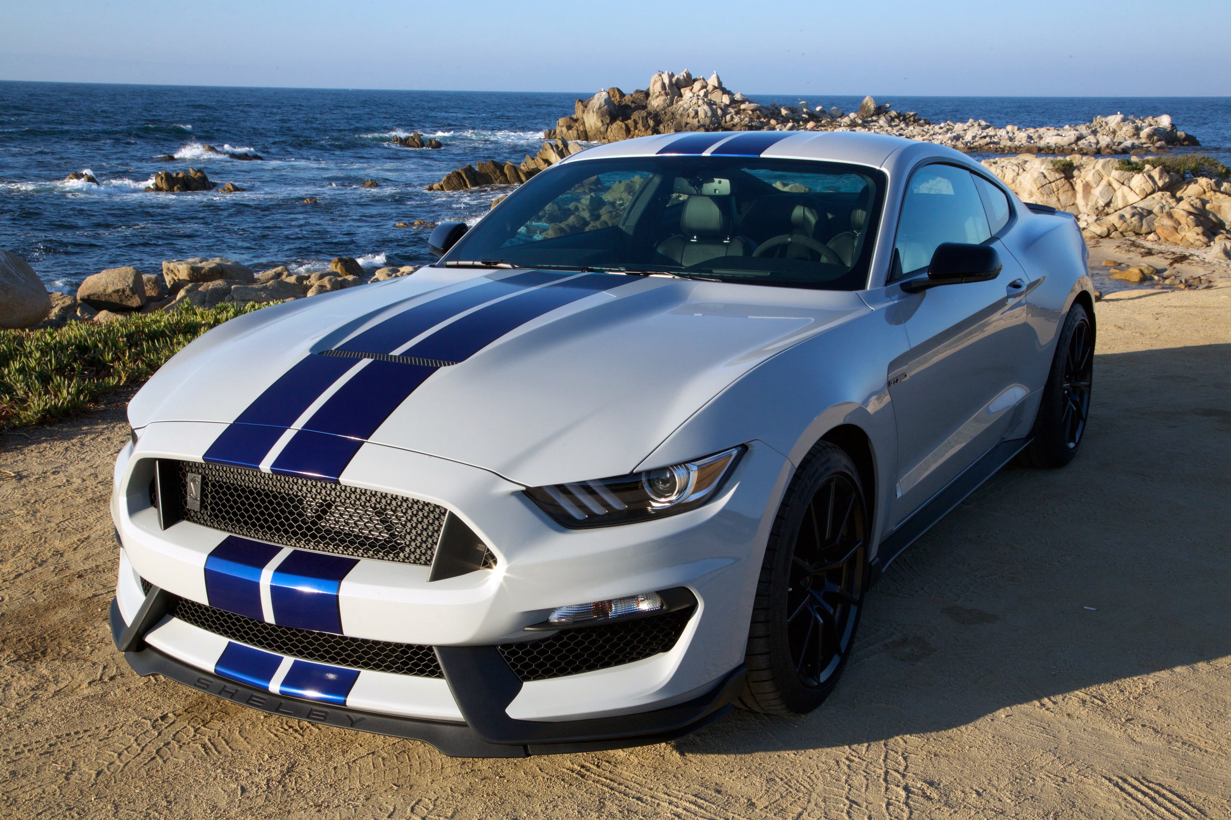 beach, water, luxury, coupe, sunlight, Shelby GT500, white cars, day, clear sky, outdoors, silver colored, 4K, Ford Mustang Shelby, blue, ford, transportation, HD Wallpaper