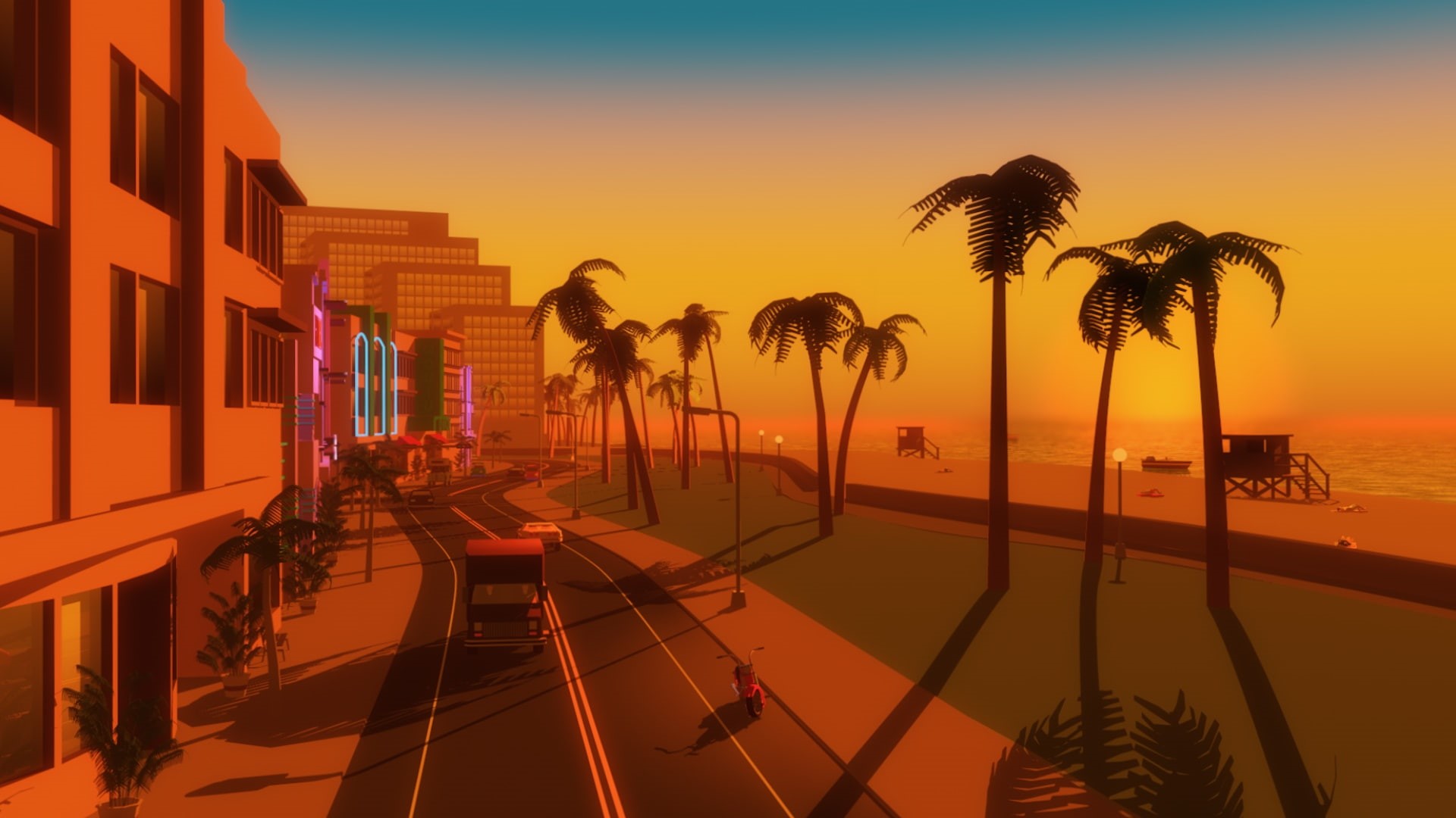 Machine, 1080P, Neon, Synthpop, The city, Street, Electronic, Sunset, Retrowave, Sea, Washington Beach, Graphics, Synthwave, Synth pop, Miami, Vice City, HD Wallpaper
