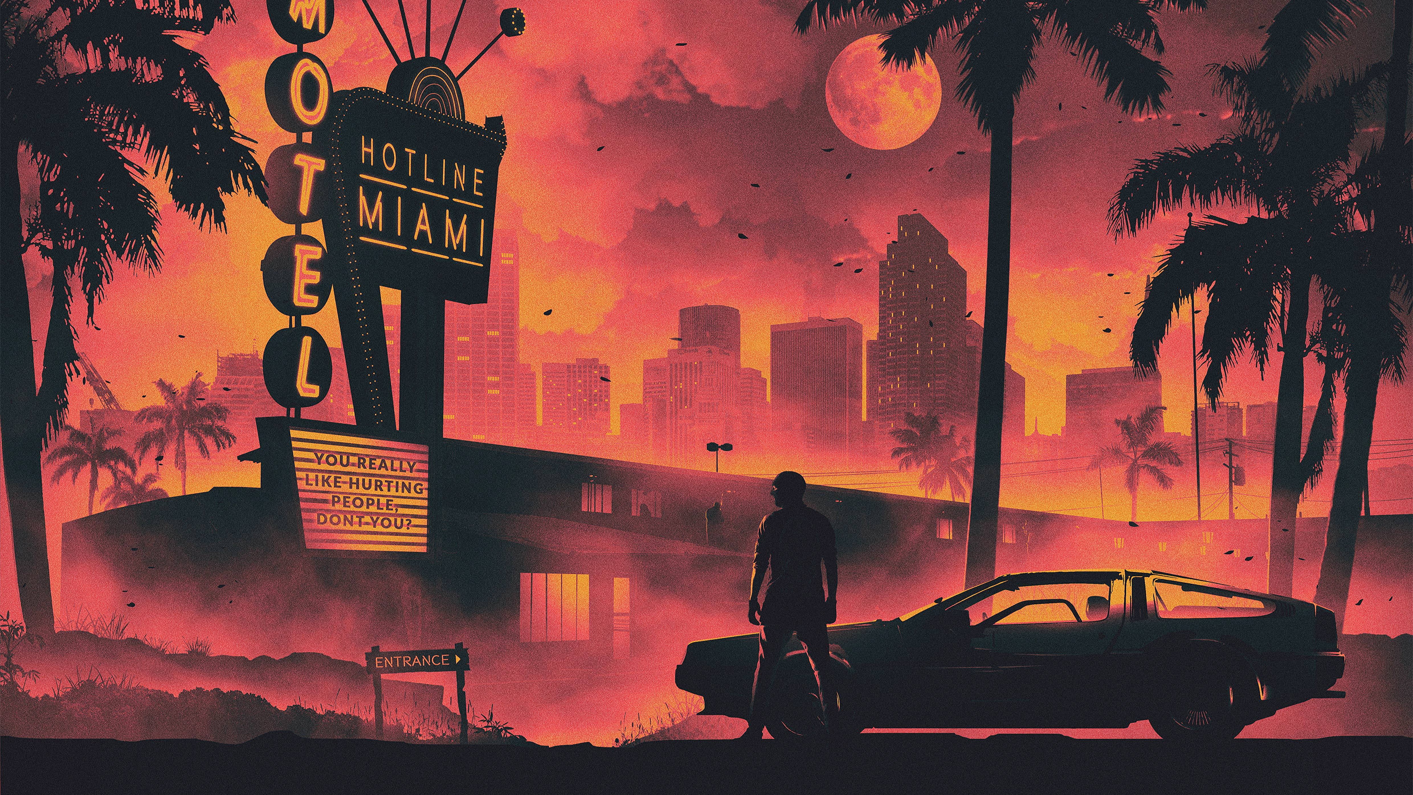 monochrome, transportation, vector, Retro style, cityscape, old car, hotlime, pink, silhouette, sky, DeLorean, sunset, illustration, communication, people, HD Wallpaper