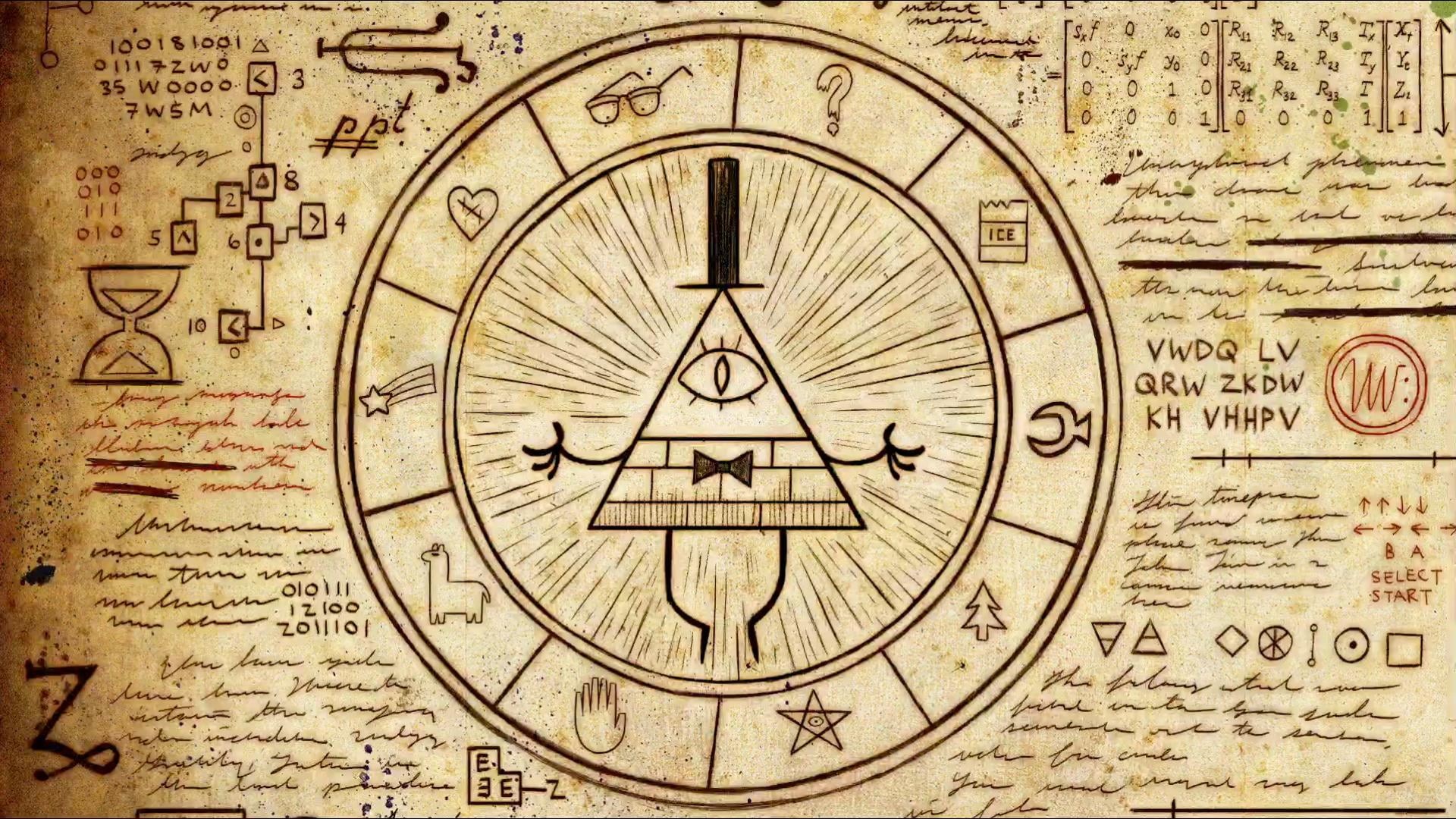 time, astrology, symbols, shape, pentagram, space, dirty, clock face, text, Gravity Falls, illustration, eye, Bill Cipher, backgrounds, poster, history, HD Wallpaper