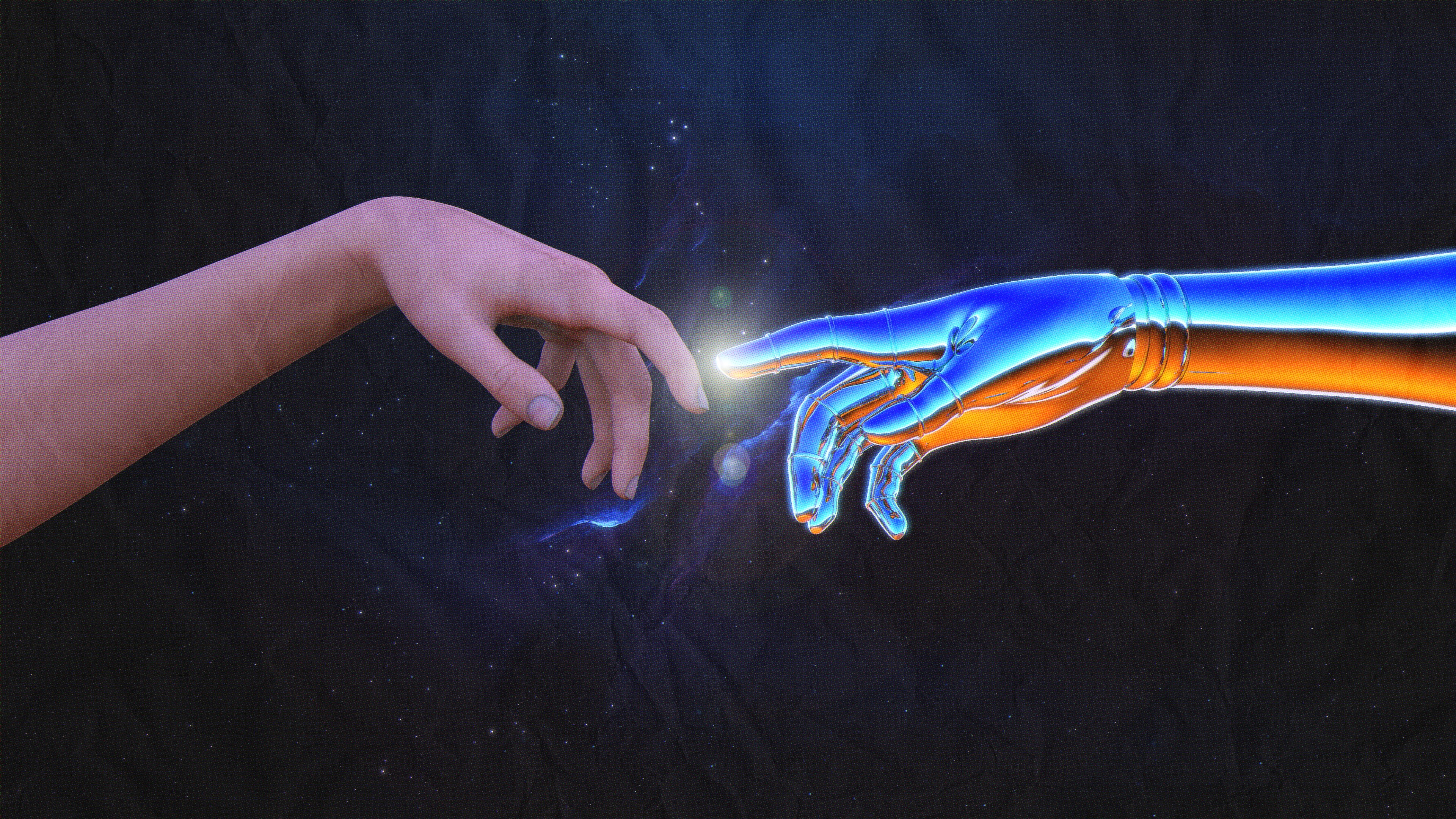 digital art, space, CMYK, hands, synthwave, cyborg, The Creation of Adam, 4K, Retrowave, robot, CGI, Michelangelo, HD Wallpaper