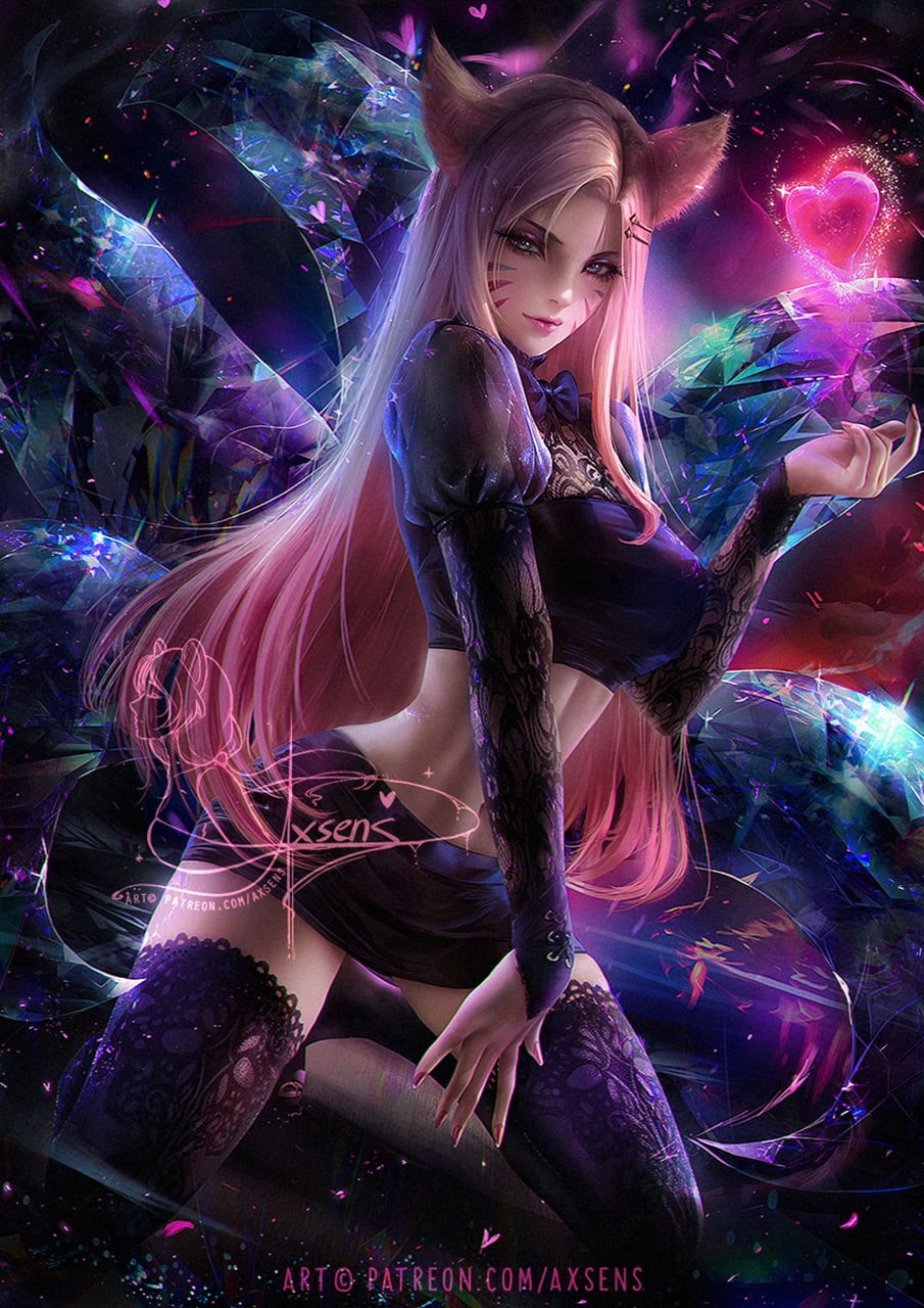 drawing, thigh-highs, long hair, axsens, Heart (Design), League of Legends, pink, 720P, KDA Ahri, magic, women, spell, fox ears, straight hair, black clothing, Phone HD Wallpaper