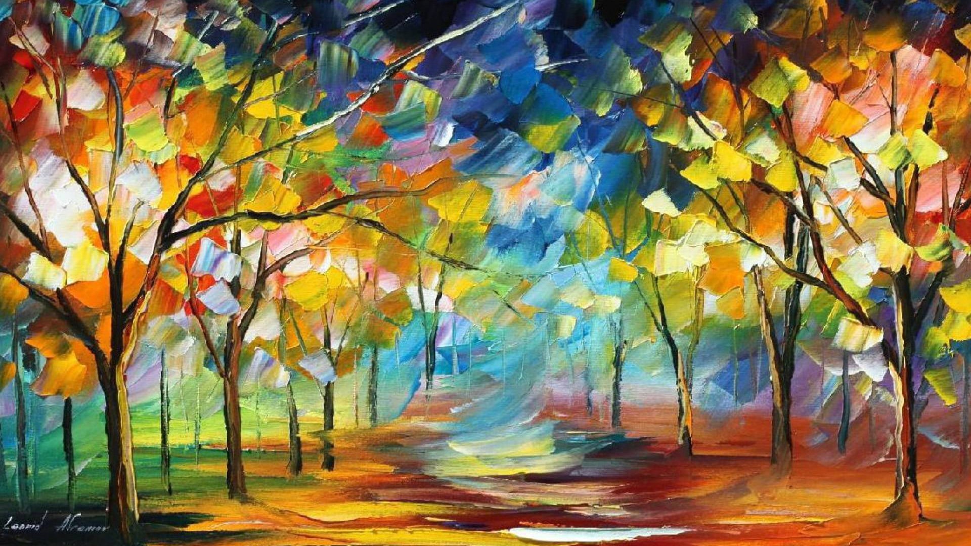 art, backgrounds, design, tree, leaves, color, 1080P, nature, shape, autumn collection, orange color, texture, drawing, plant part, autumn, acrylic, november, HD Wallpaper