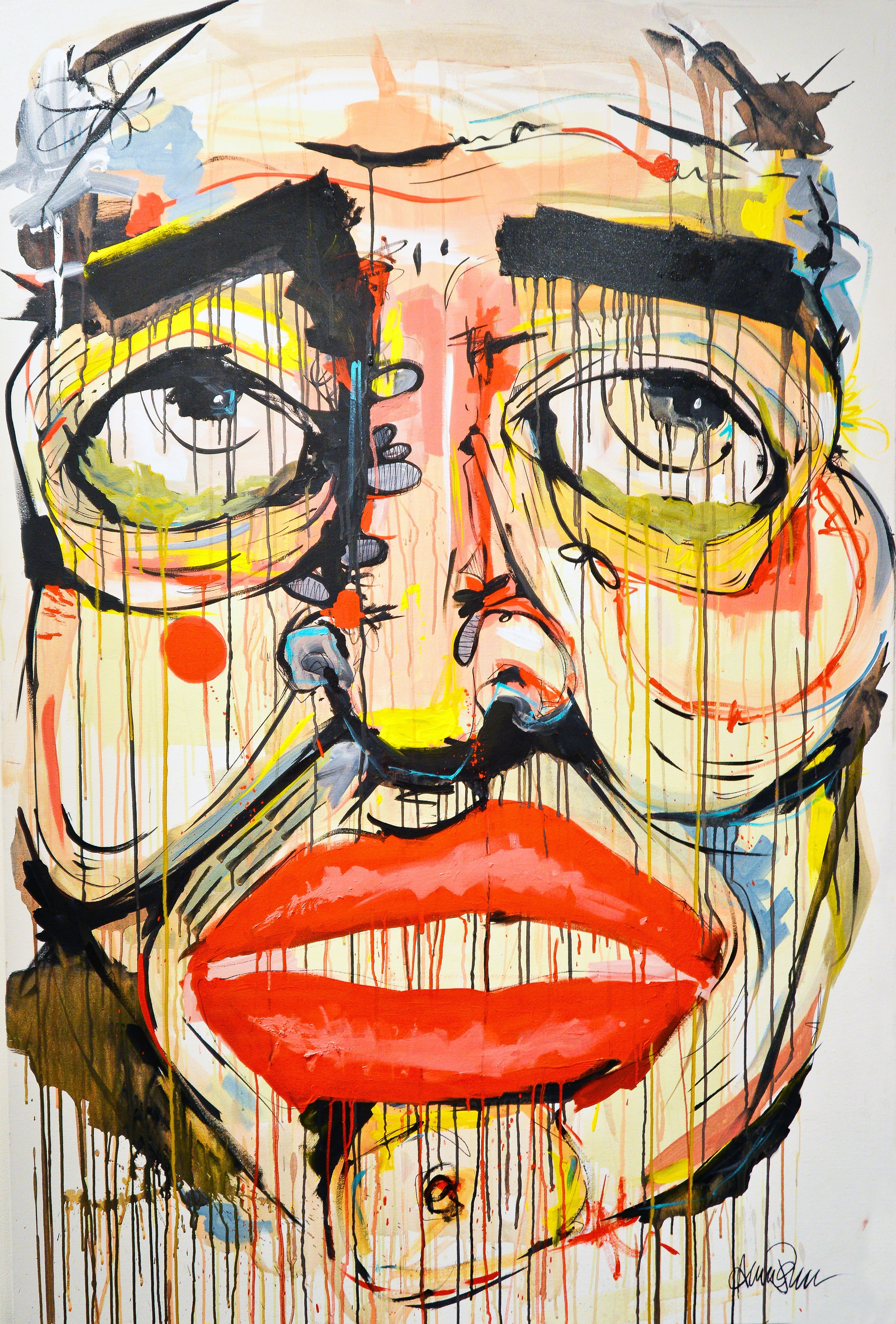 lighting equipment, open mouth, human, multi colored, artwork, paint splatter, table, architecture, painting, face, day, outdoors, pattern, mural, close-up, Phone HD Wallpaper