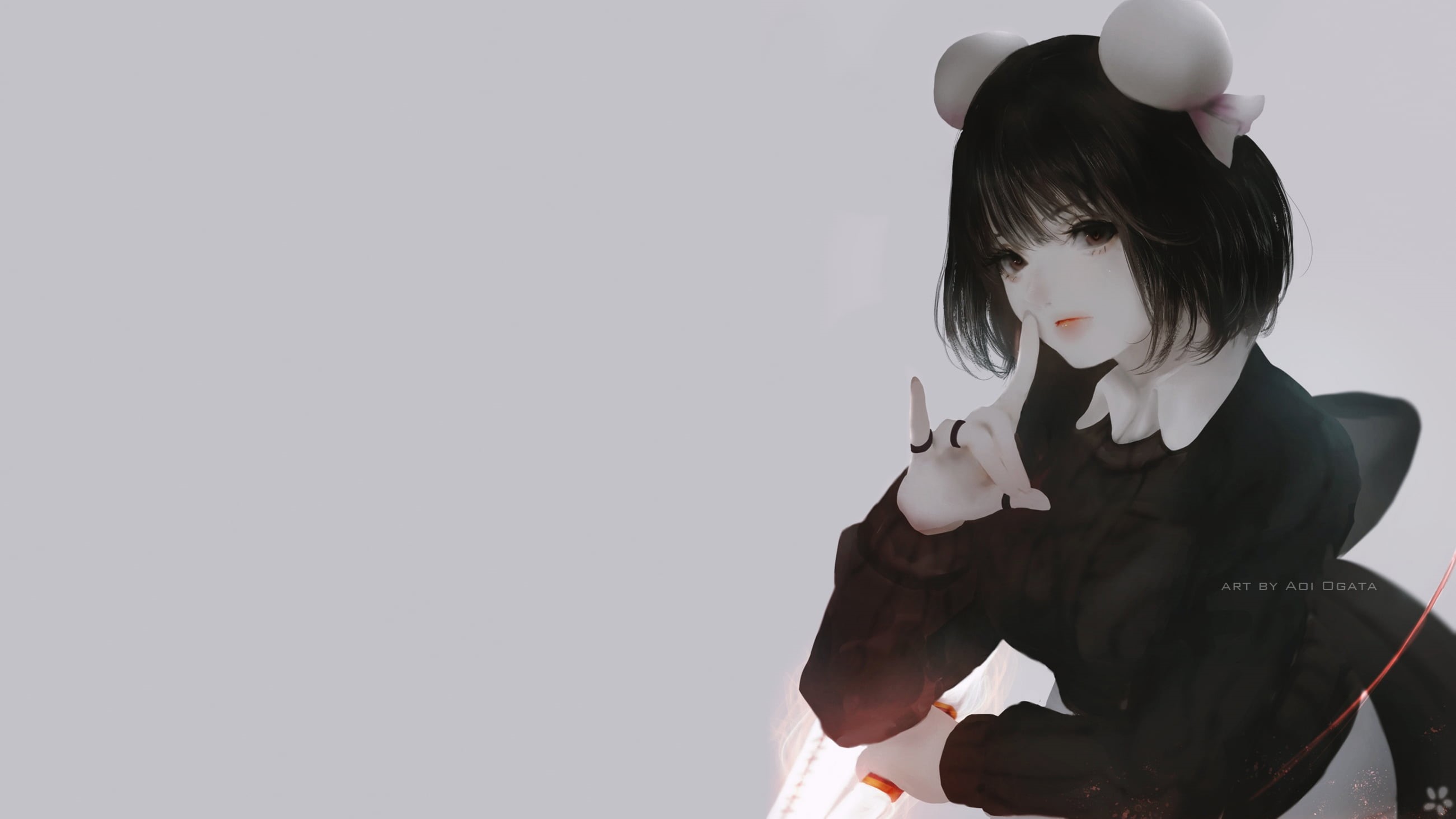 drawing, illustration, digital art, anime, artwork, black hair, women, original characters, simple background, Aoi Ogata, 2K, sweater, portrait, looking at viewer, HD Wallpaper