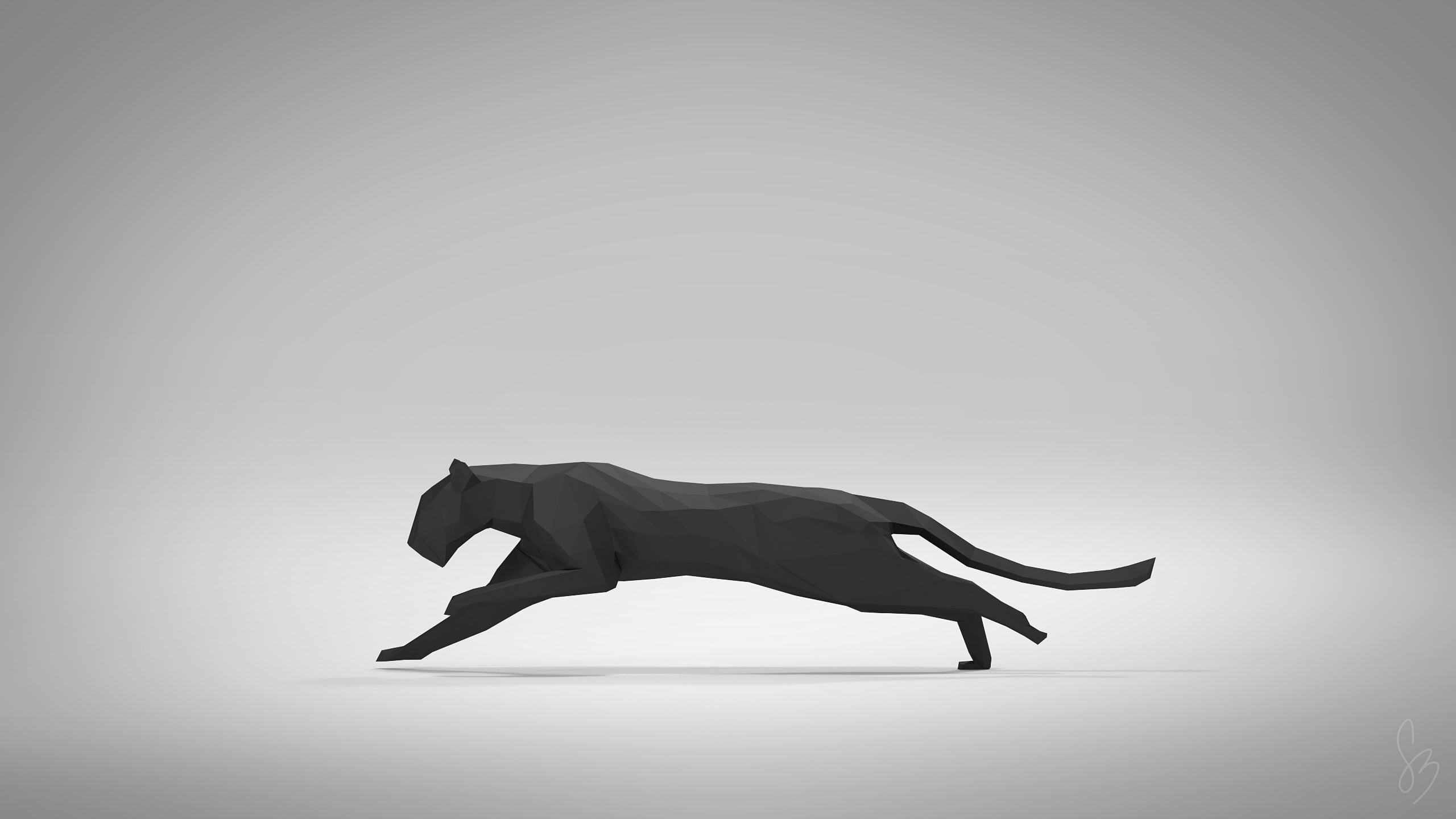 low poly, gray, running, minimalism, animals, black, digital art, vector, pumas, simple background, artwork, 2K, HD Wallpaper