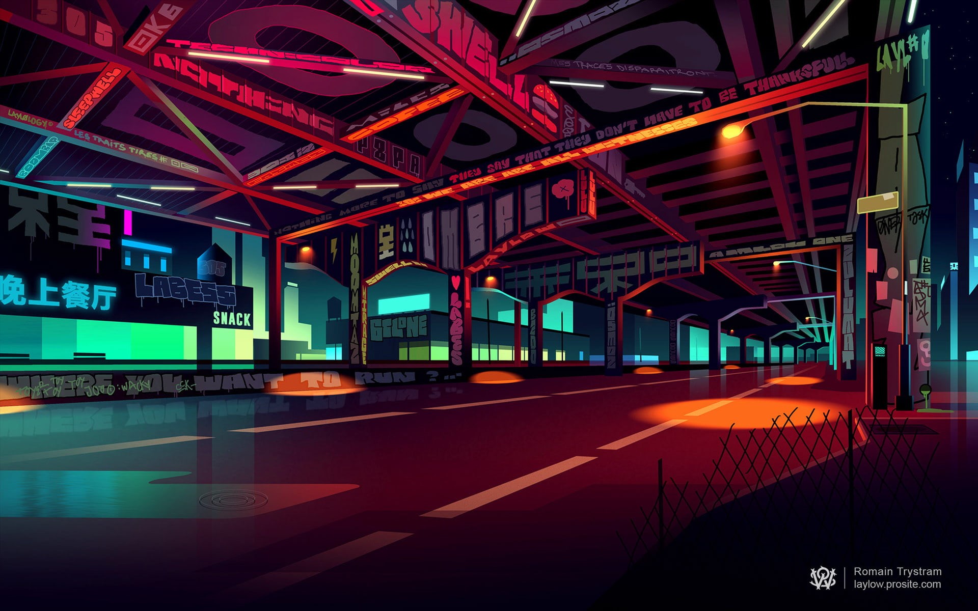 multi colored, street, colorful, wwe, 1080P, digital art, famous Place, ceiling, illustration, no people, design, connection, architecture, road, dark, HD Wallpaper