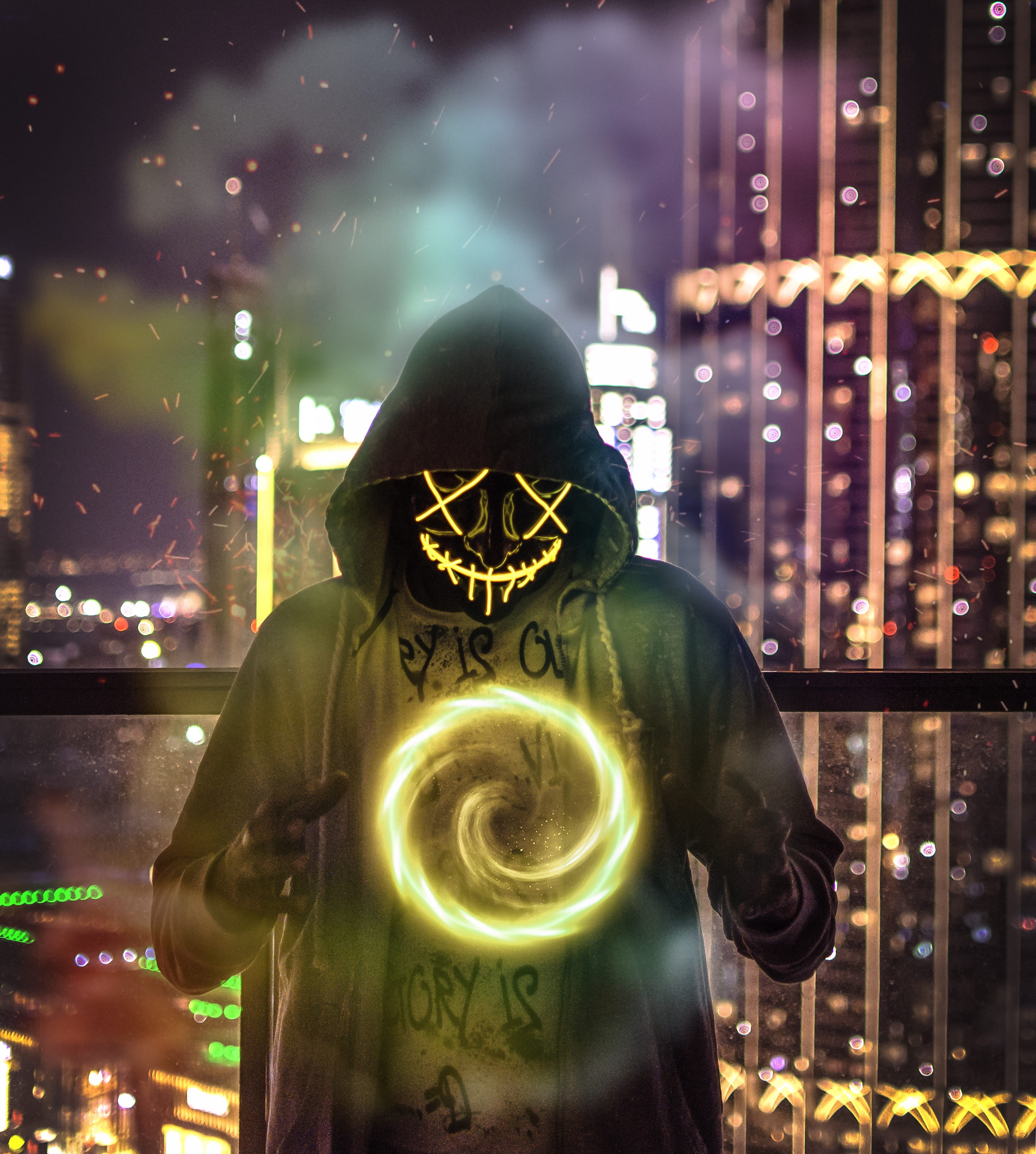creative, hoodie, illuminated, hood, neon light, city, built structure, standing, focus on foreground, outdoors, night, technology, front view, Phone HD Wallpaper