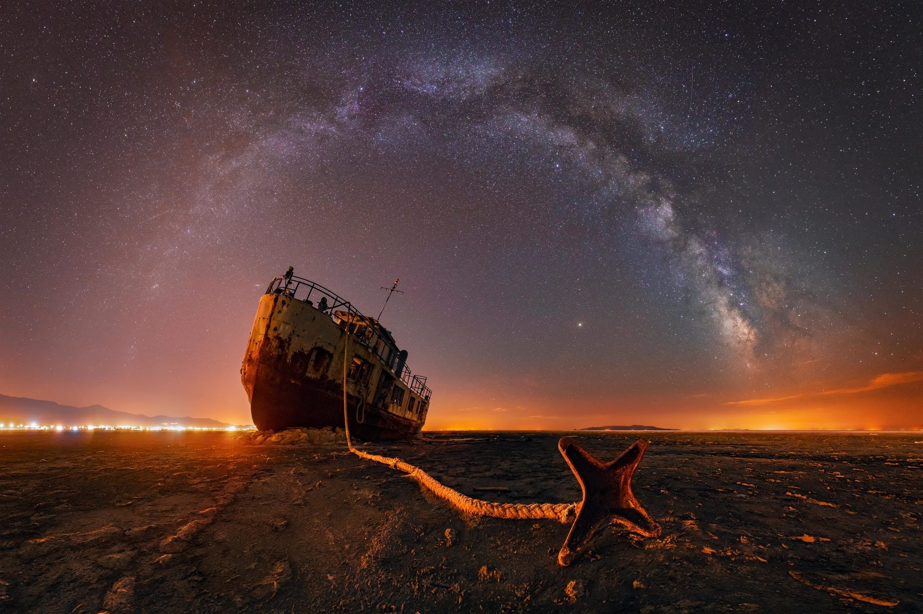 stars, lights, Milky Way, city lights, sky, photography, horizon, space, long exposure, night, landscape, boat, anchors, 720P, nature, HD Wallpaper