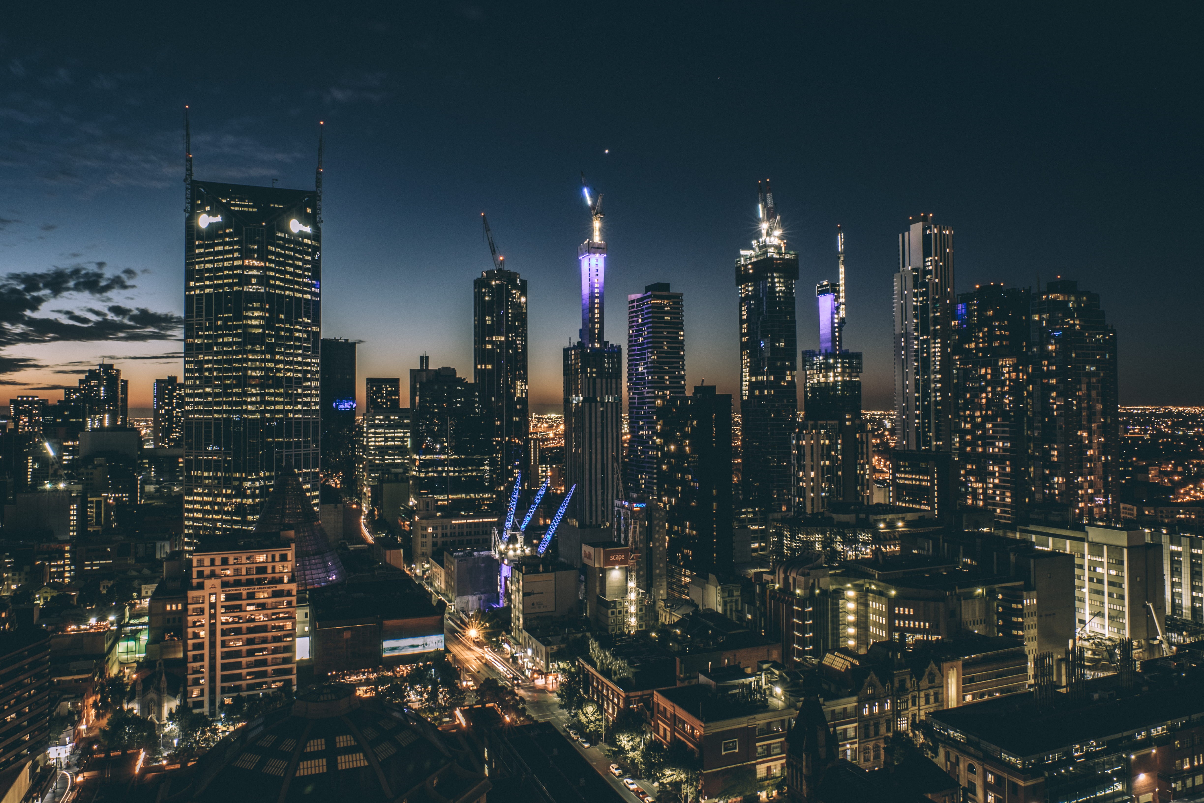 rise, illuminated, built structure, urban, 4K, financial district, vibes, nighttime, cbd, building, landscape, melbourne, crowd, city, stars, sky, office building exterior, HD Wallpaper