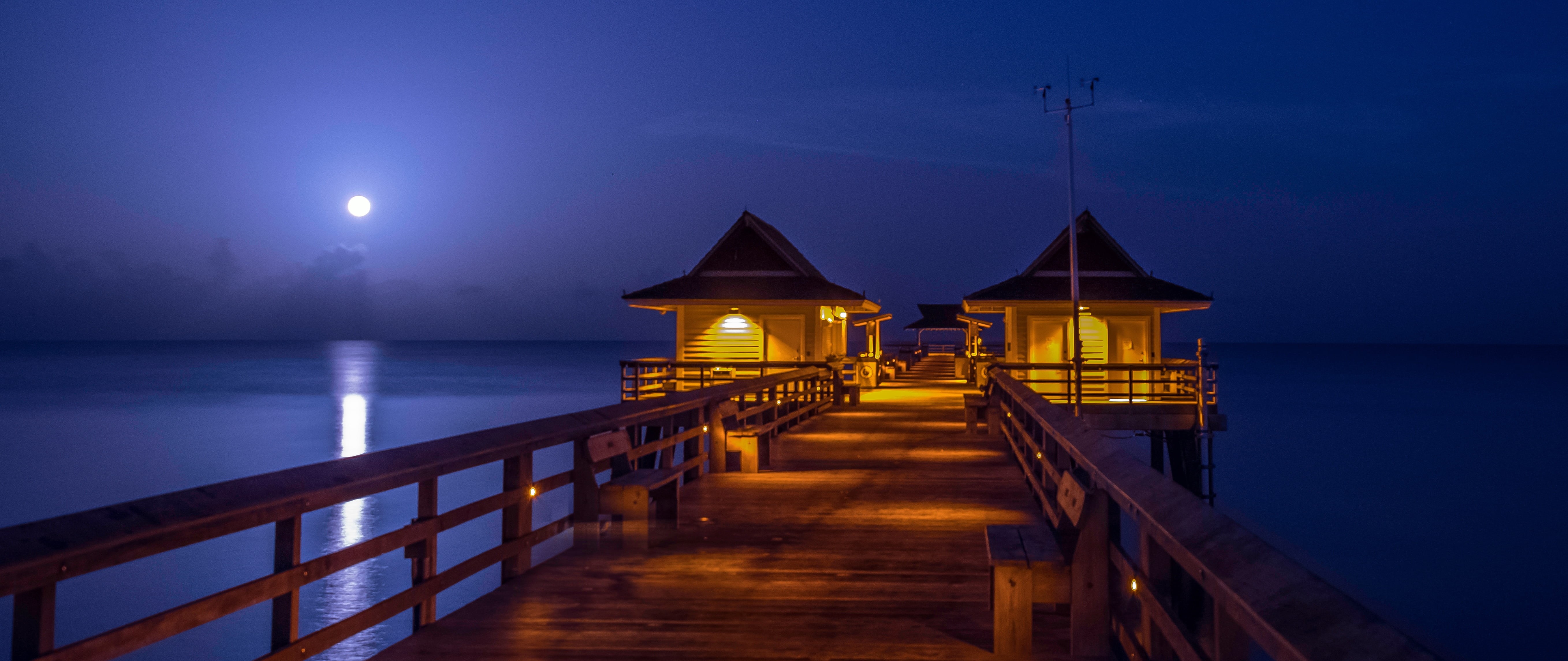 sunrise, skies, ocean, dusk, beach, moon, architecture, panorama, vacations, sea, blue  night, Pier, nature, landscape, 5K, low-light, summer, water, landscapes, HD Wallpaper
