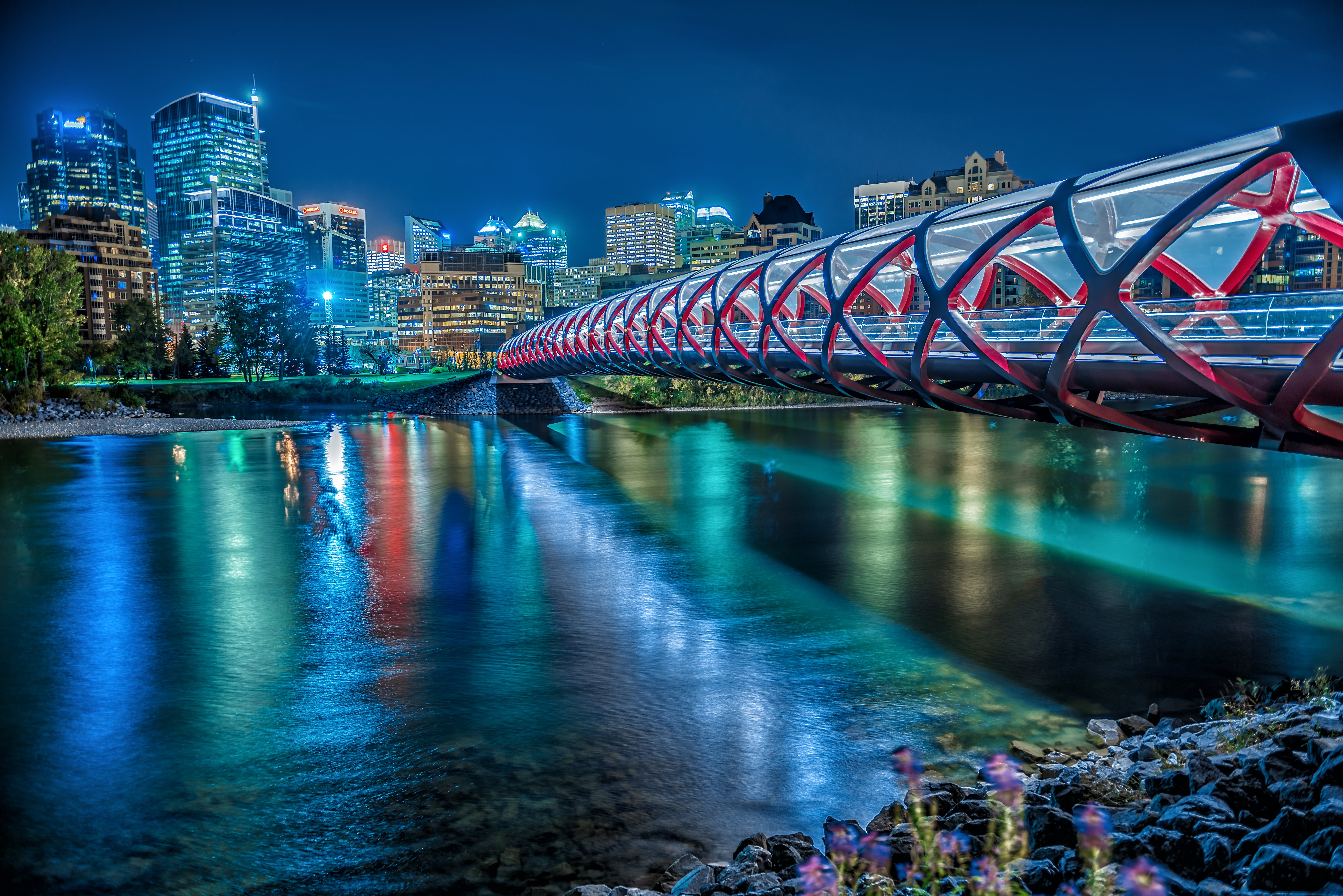 Canada, 5K, time, photography, lapsed, calgary, Fusion, Peace Bridge, Calgary  Alberta, bridge, Night Photography, time lapsed, Reflection, Nikon  D800, HD Wallpaper