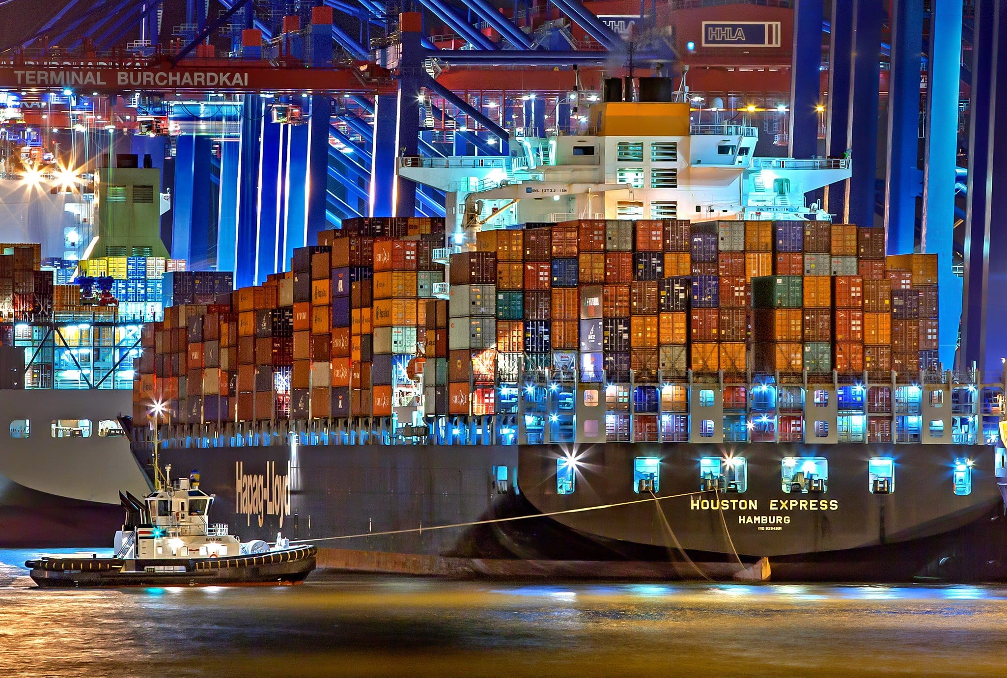 freighter, commercial dock, shipping, ship, cargo container, port of hamburg, houston, architecture, harbor, frachtschiff, container terminal, illuminated, HD Wallpaper