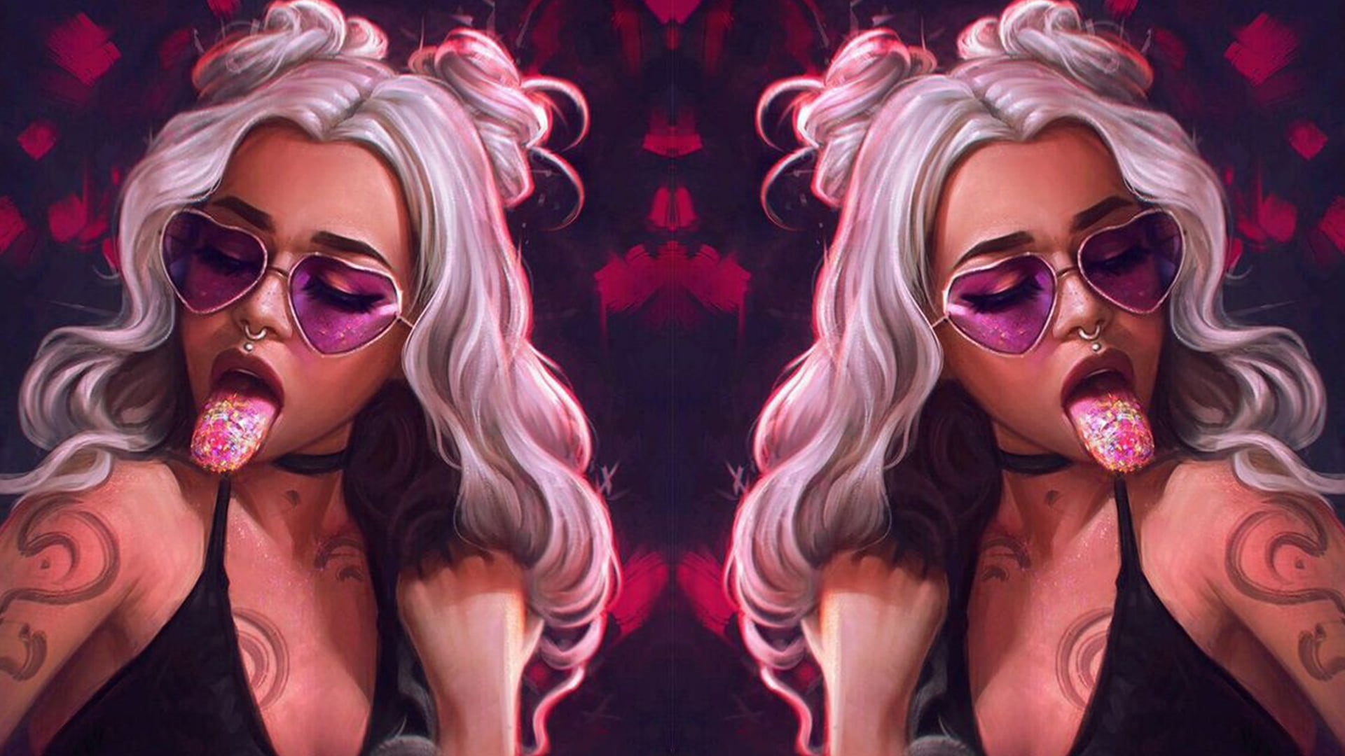 purple, blue, Woman in Red, pink, fantasy art, glasses, women, neon, artwork, futuristic, Fantasia, green, red, women angel, women with glasses, 1080P, HD Wallpaper