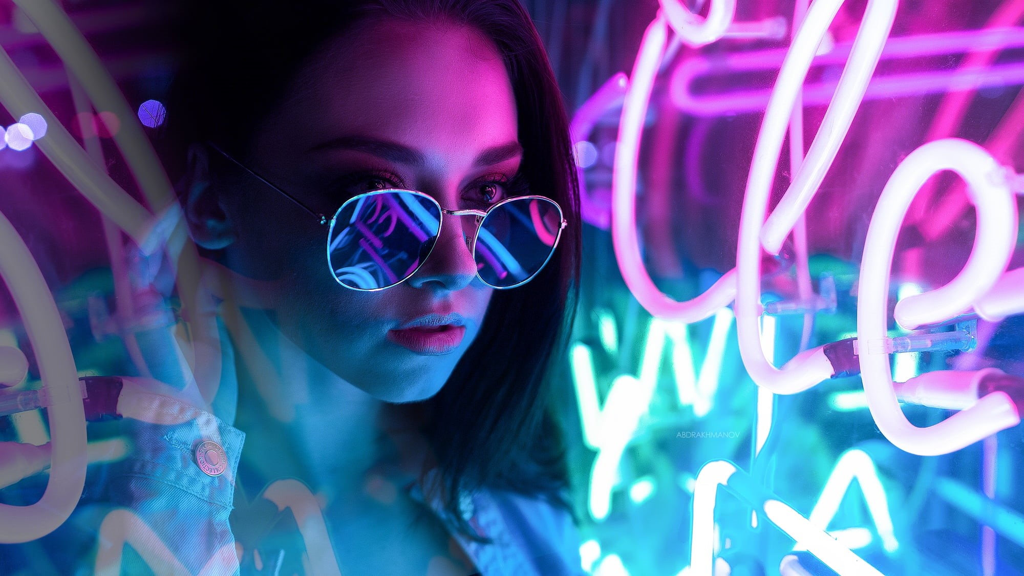 neon, indoors, front view, women with shades, one person, light - natural phenomenon, young adult, glowing, Lenar Abdrakhmanov, model, women, purple, adult, HD Wallpaper