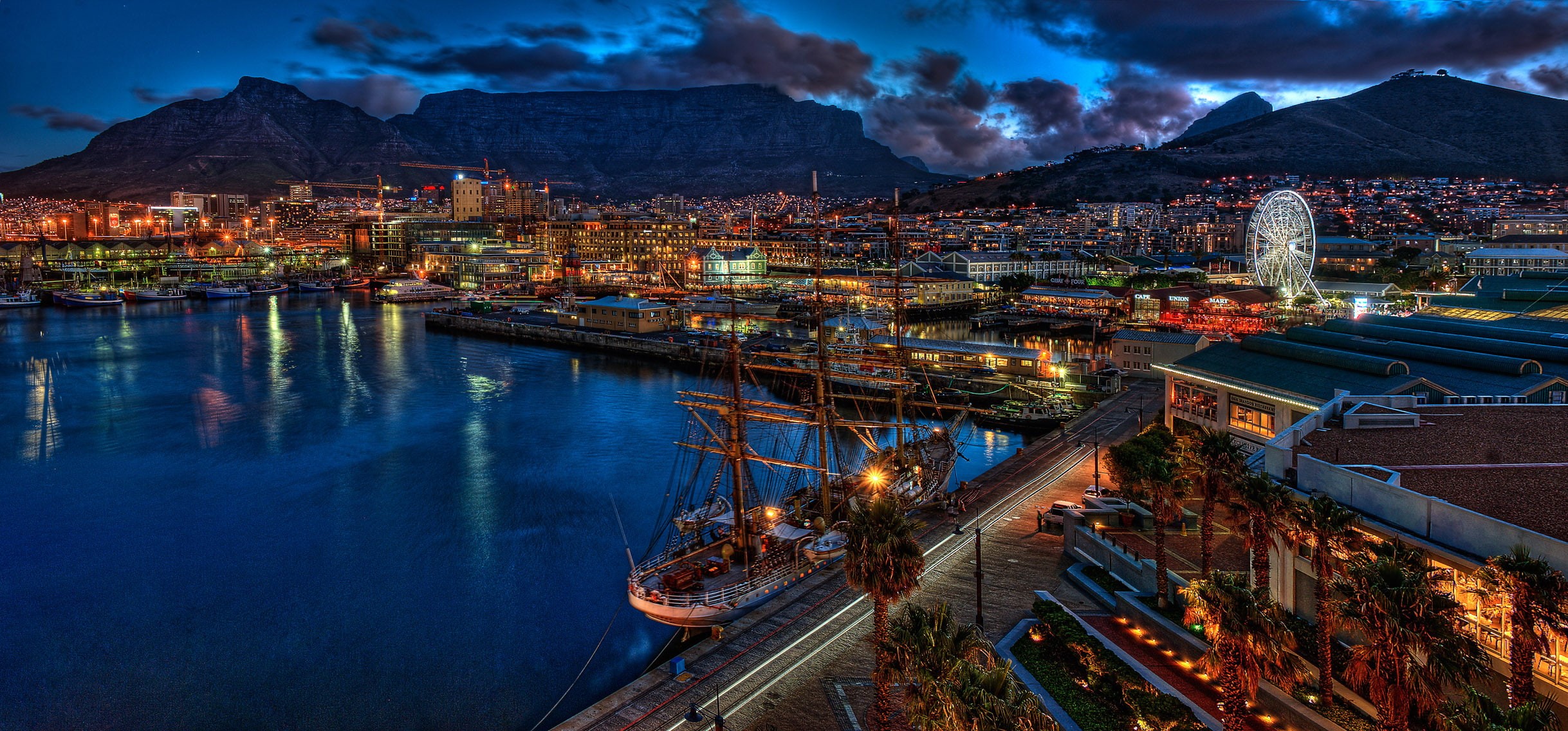 clouds, 1080P, evening, Table Mountain, Cape Town, waterfront, sea, South Africa, HDR, HD Wallpaper