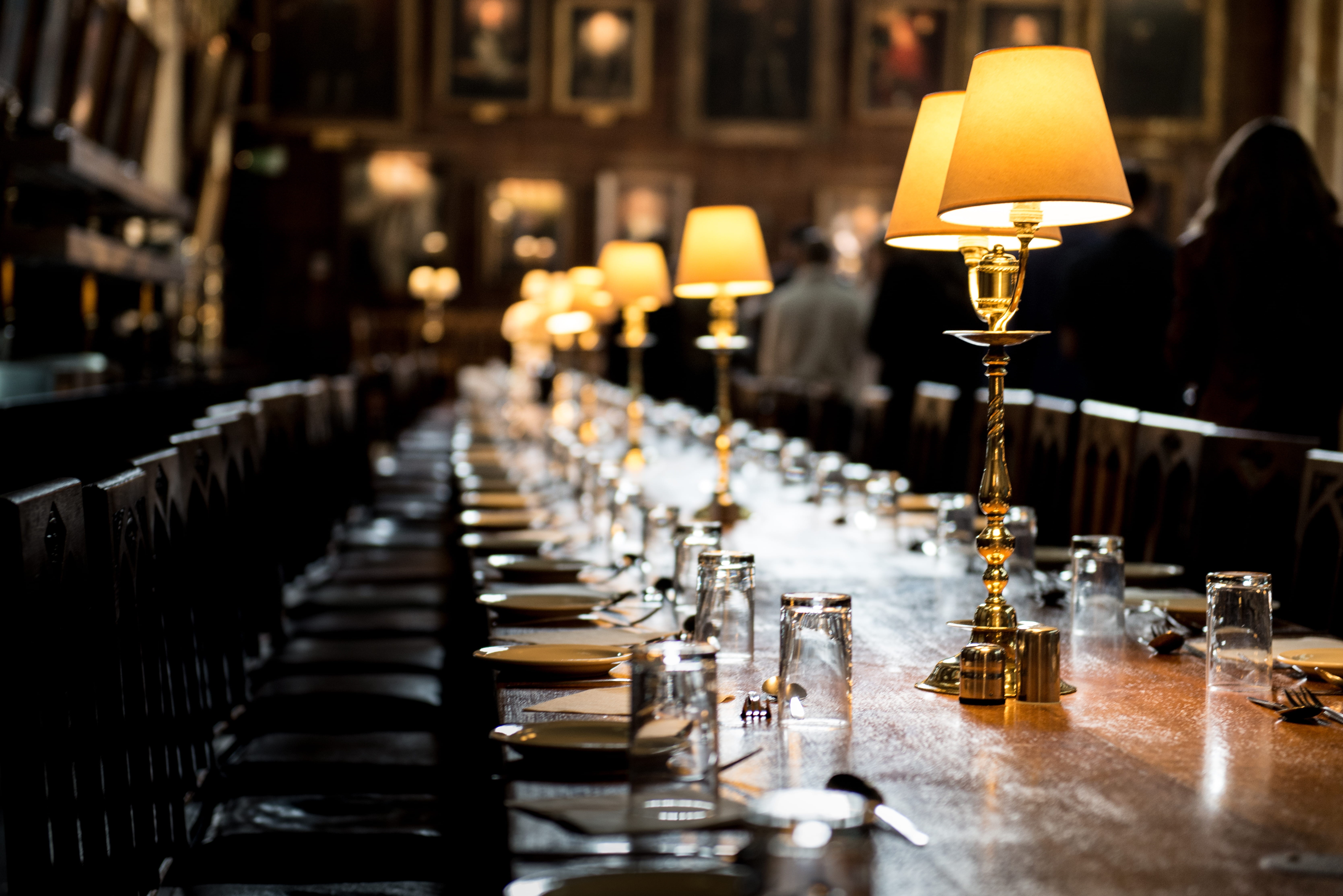 dining hall, photography, large group of objects, seat, focus on foreground, brown, indoors, desk, setting, table, focus, selective, lighting equipment, HD Wallpaper