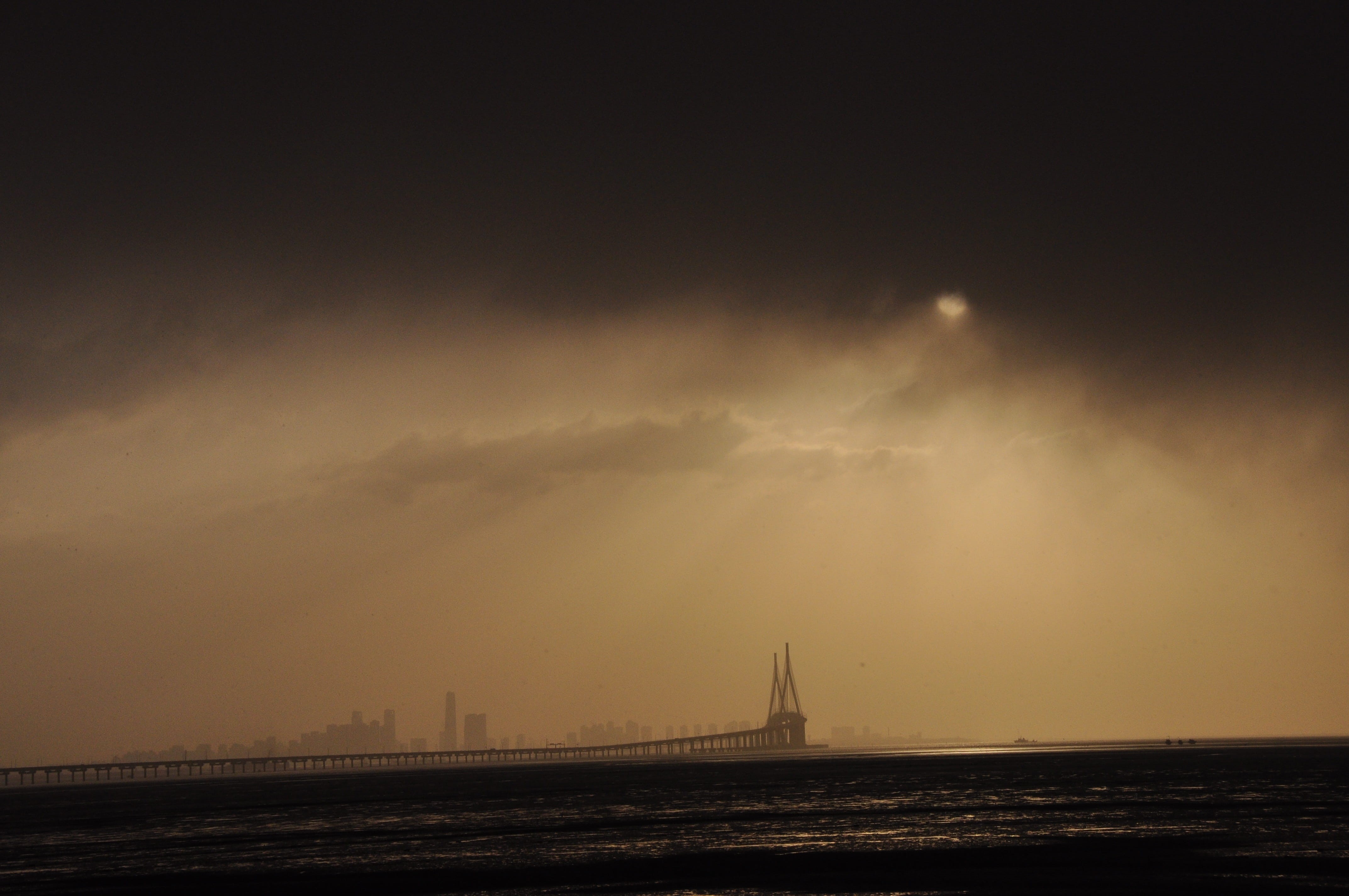 outdoors, dark, connection, nature, cloud - sky, city, Shower, transportation, travel destinations, Incheon Bridge, bridge, sky, water, Sunrise, architecture, HD Wallpaper