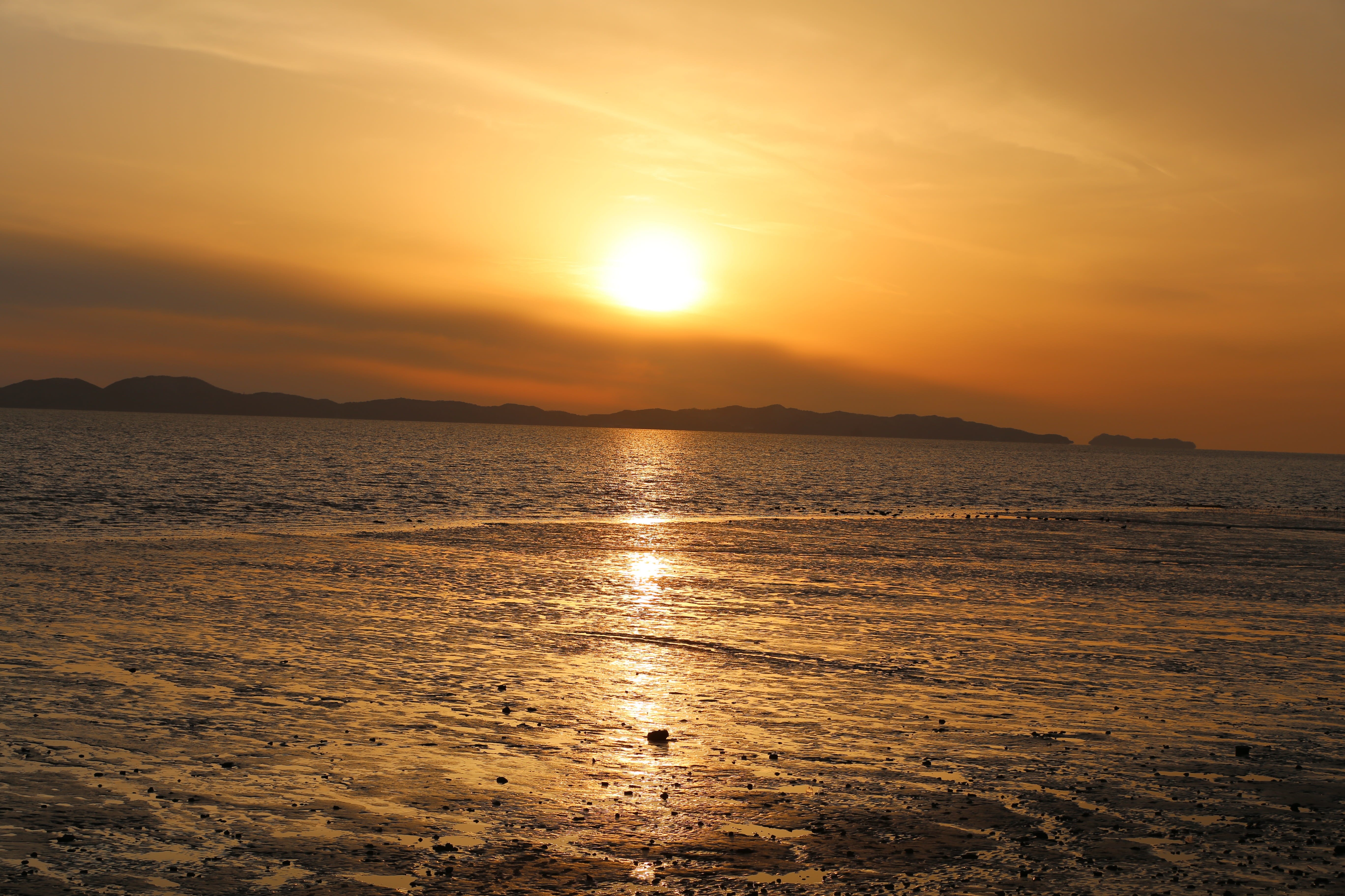 tranquil scene, sunset, korea, sun, sea, travel, orange color, mountain, ganghwado, beach, outdoors, tranquility, water, incheon, nature, non-urban scene, HD Wallpaper