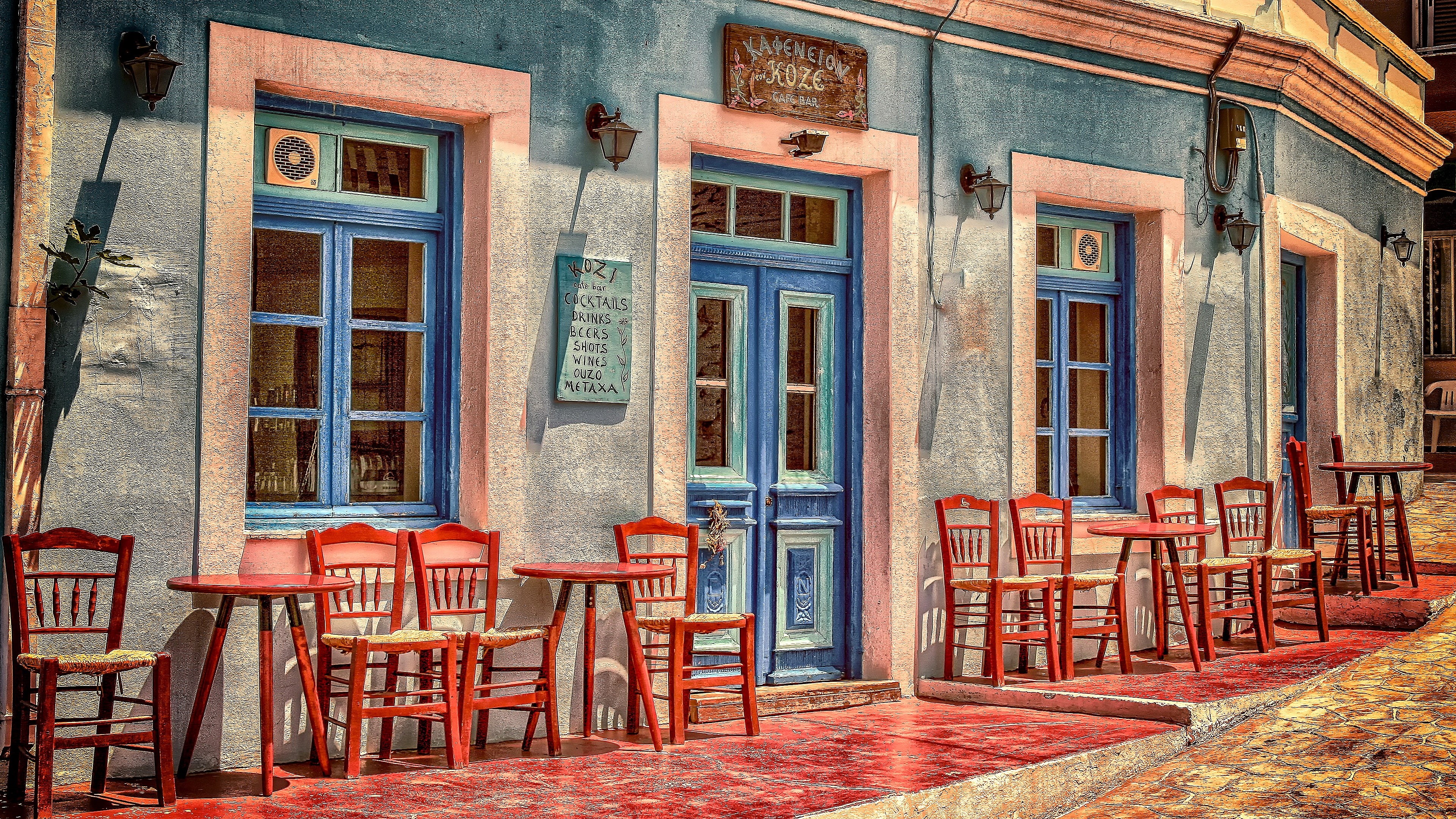 4K, europe, door, cafe, seats, facade, street, greece, restaurant, window, peloponnese, house, building, alley, town, HD Wallpaper