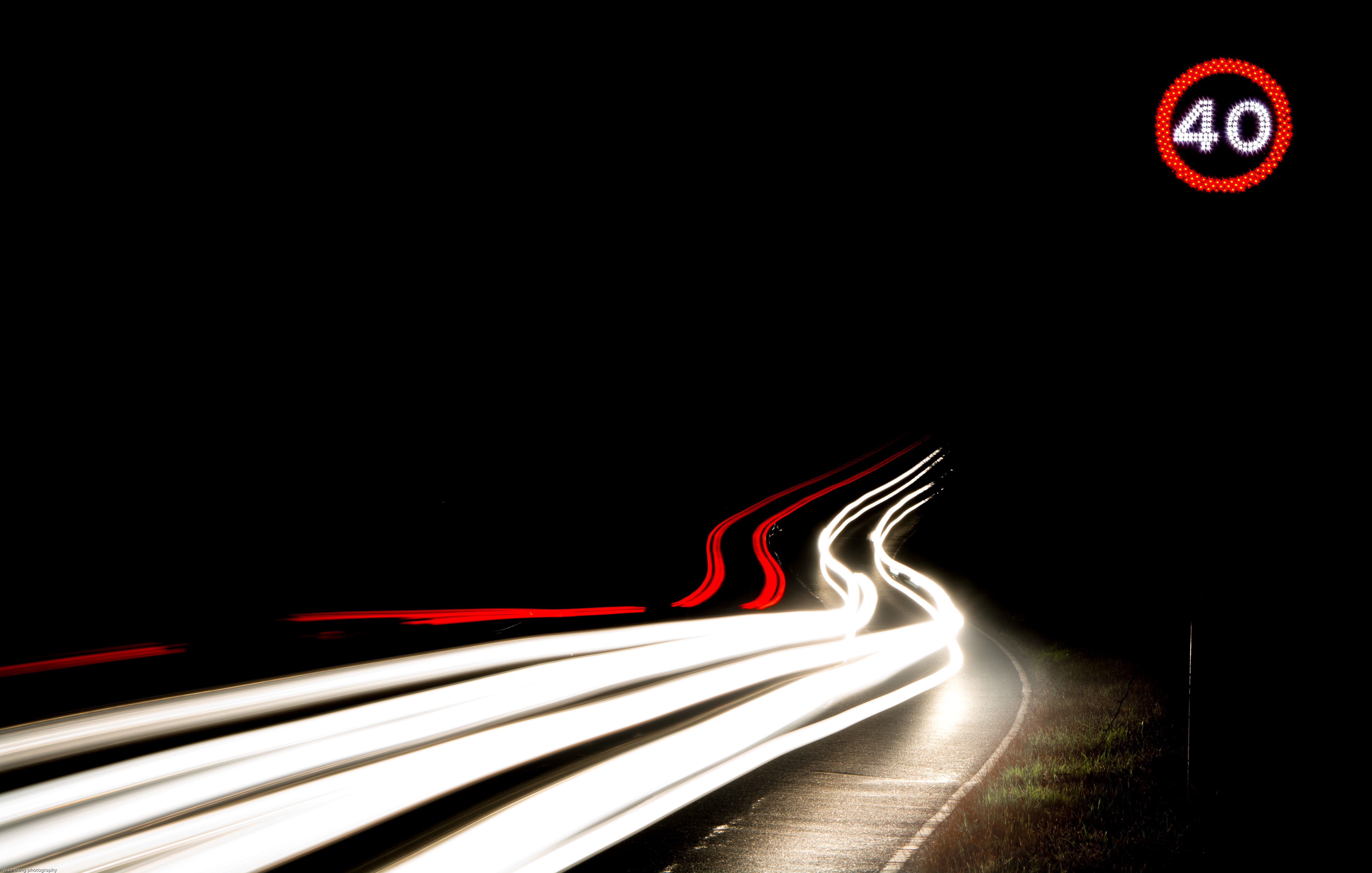 sign, night, track, car light, street, copy space, outdoors, clock, transportation, red, nighttime, streaks, light - Natural Phenomenon, black background, HD Wallpaper