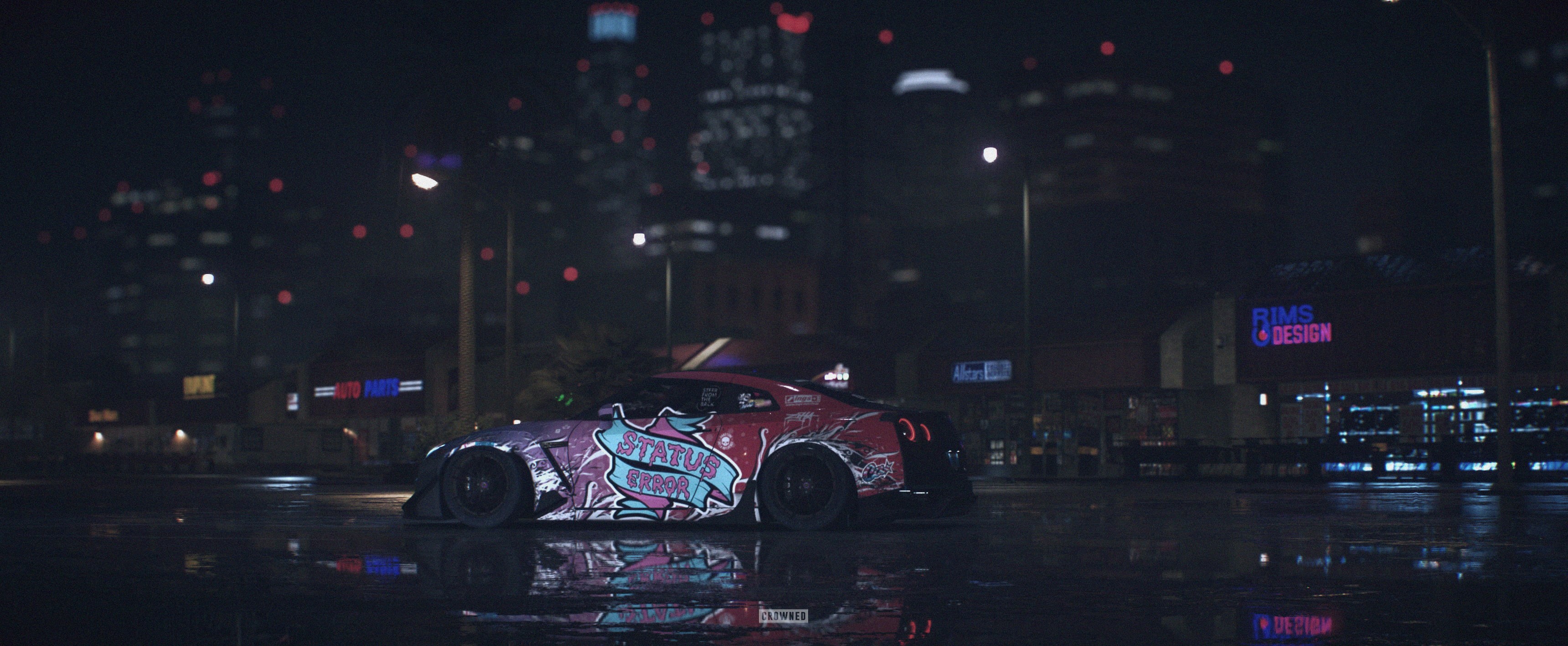 skyscraper, illuminated, land vehicle, night, car, transportation, dark, wet, untitled, CROWNED, rain, Nissan GTR, motor vehicle, city life, reflection, HD Wallpaper
