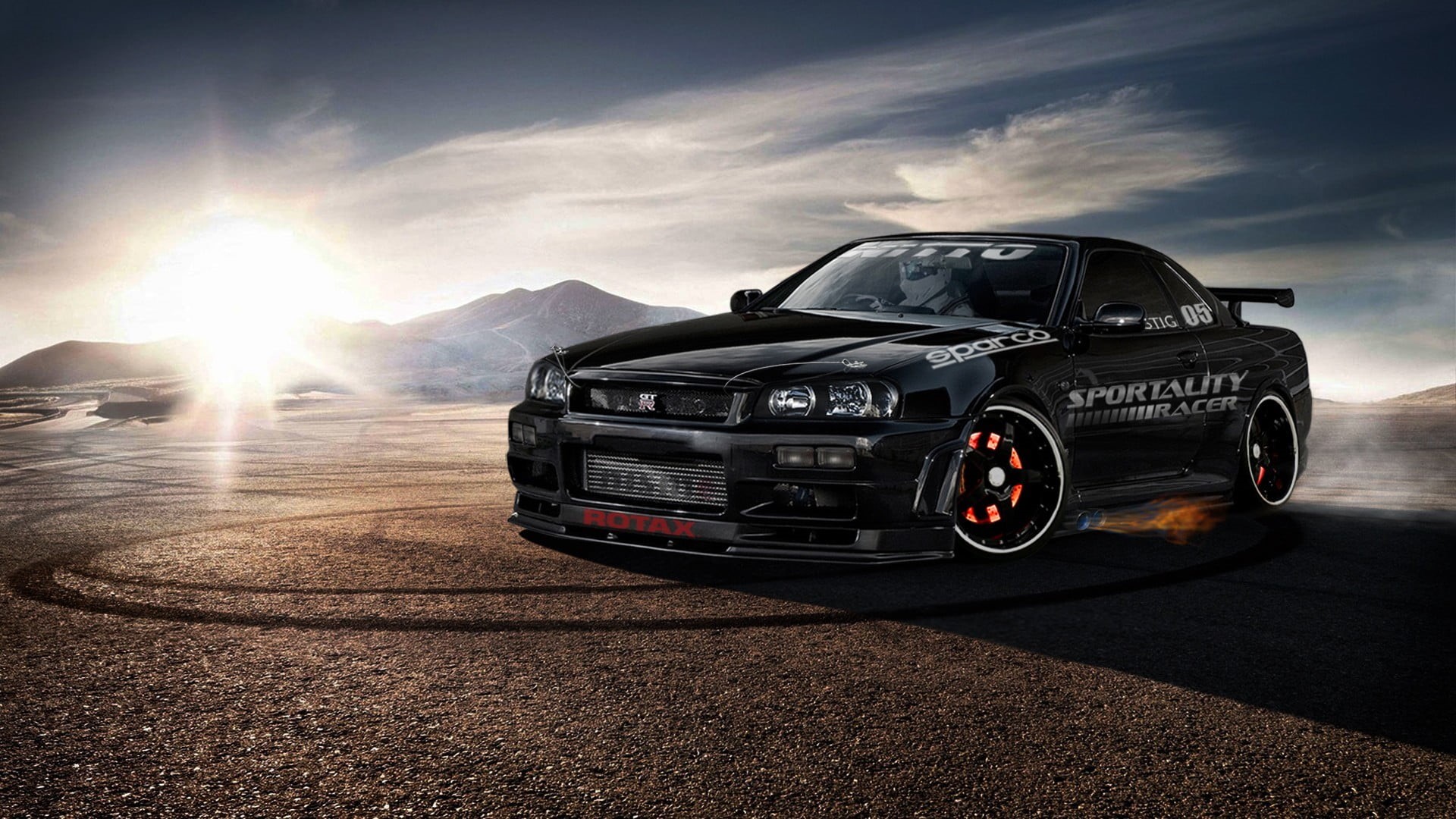 gtr, mountain, land vehicle, cloud - sky, 1080P, environment, motor vehicle, beauty in nature, mode of transportation, sunlight, car, motion, sunset, Nissan Skyline GT-R R34, HD Wallpaper