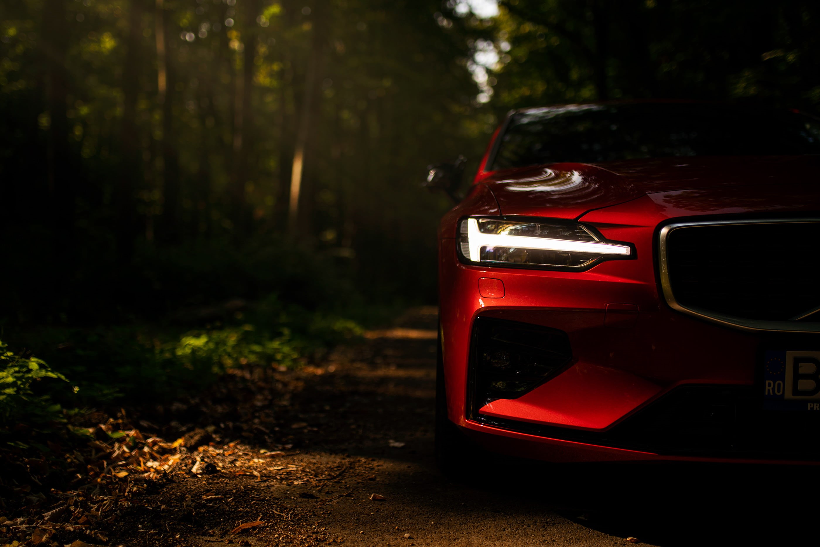 jungle, 2K, depth of field, Volvo S60, Sedan, LED headlight, red cars, HD Wallpaper