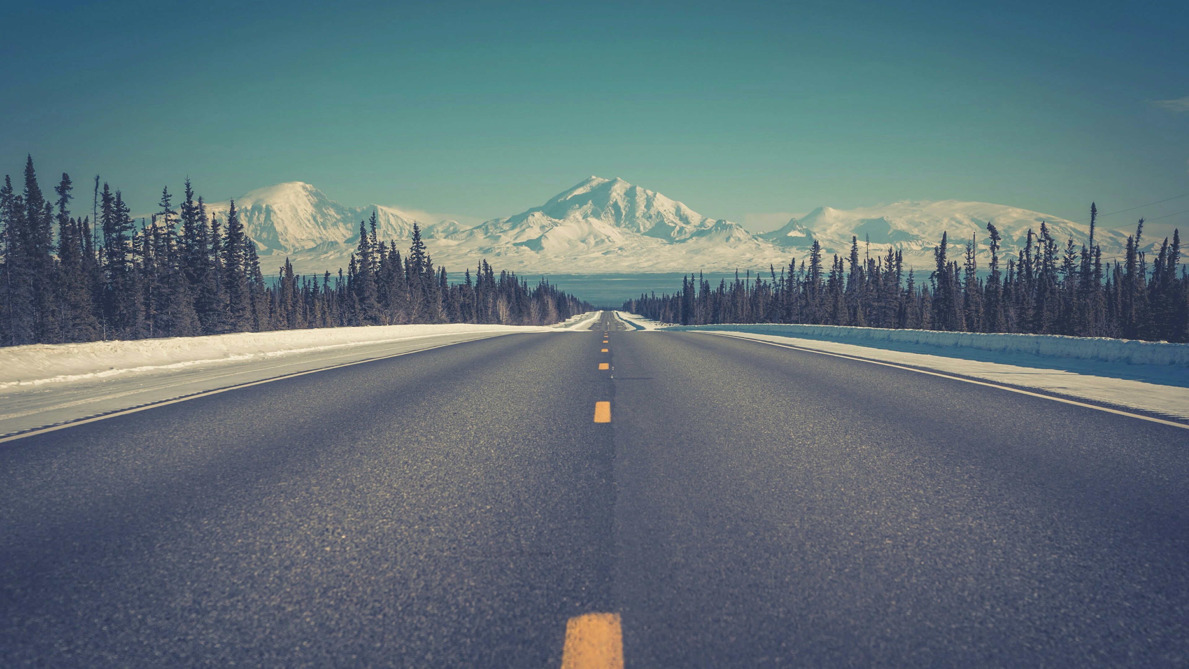 highway, infrastructure, sky, lane, 4K, mountain, nature, road trip, road, asphalt, mountain range, horizon, winter, HD Wallpaper