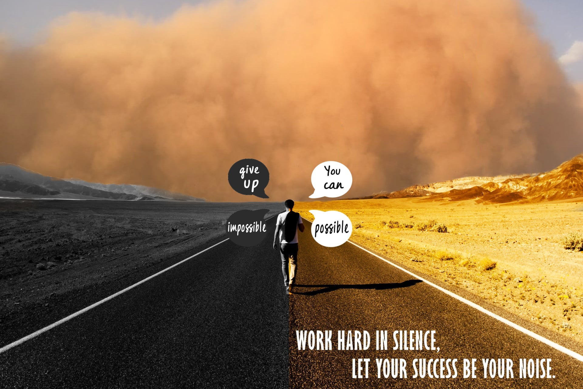 road marking, overlay, Never Give Up!, heat - Temperature, 1080P, asphalt, warning sign, street, communication, desert, outdoors, sky, cloud - Sky, direction, HD Wallpaper