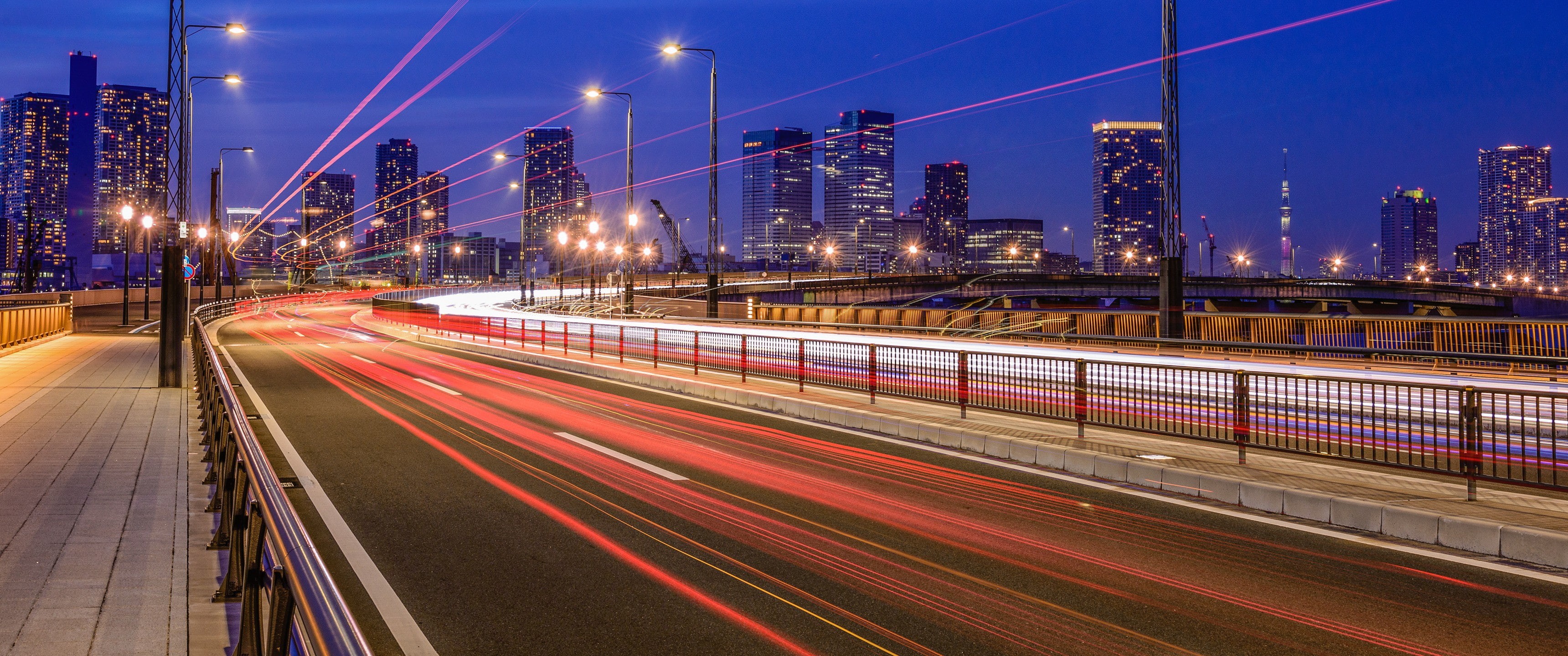 outdoors, building exterior, cityscape, skyscraper, office building exterior, sky, blurred motion, bridge - man made structure, built structure, city, 2K, HD Wallpaper
