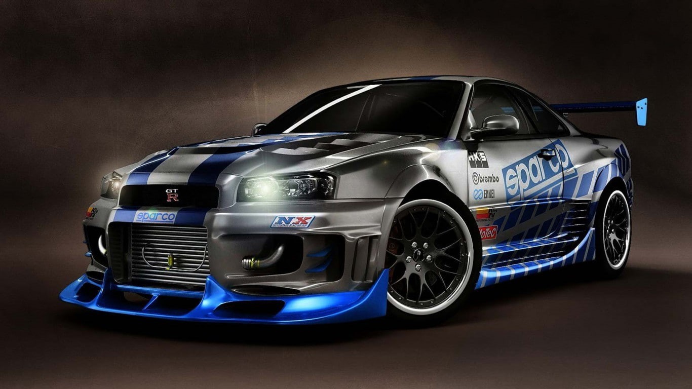 studio shot, 720P, black background, racecar, Nissan Skyline GT-R R34, sport, sports car, wheel, no people, land vehicle, tuning, Skyline R34, competitive sport, HD Wallpaper