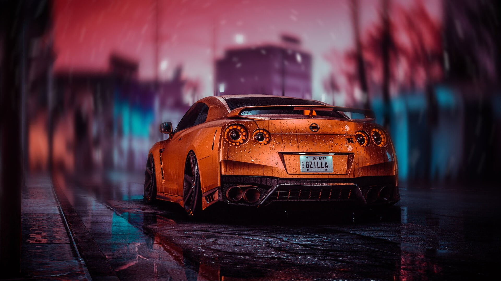 car, orange cars, 1080P, digital art, Nissan, Nissan GT-R, vehicle, HD Wallpaper