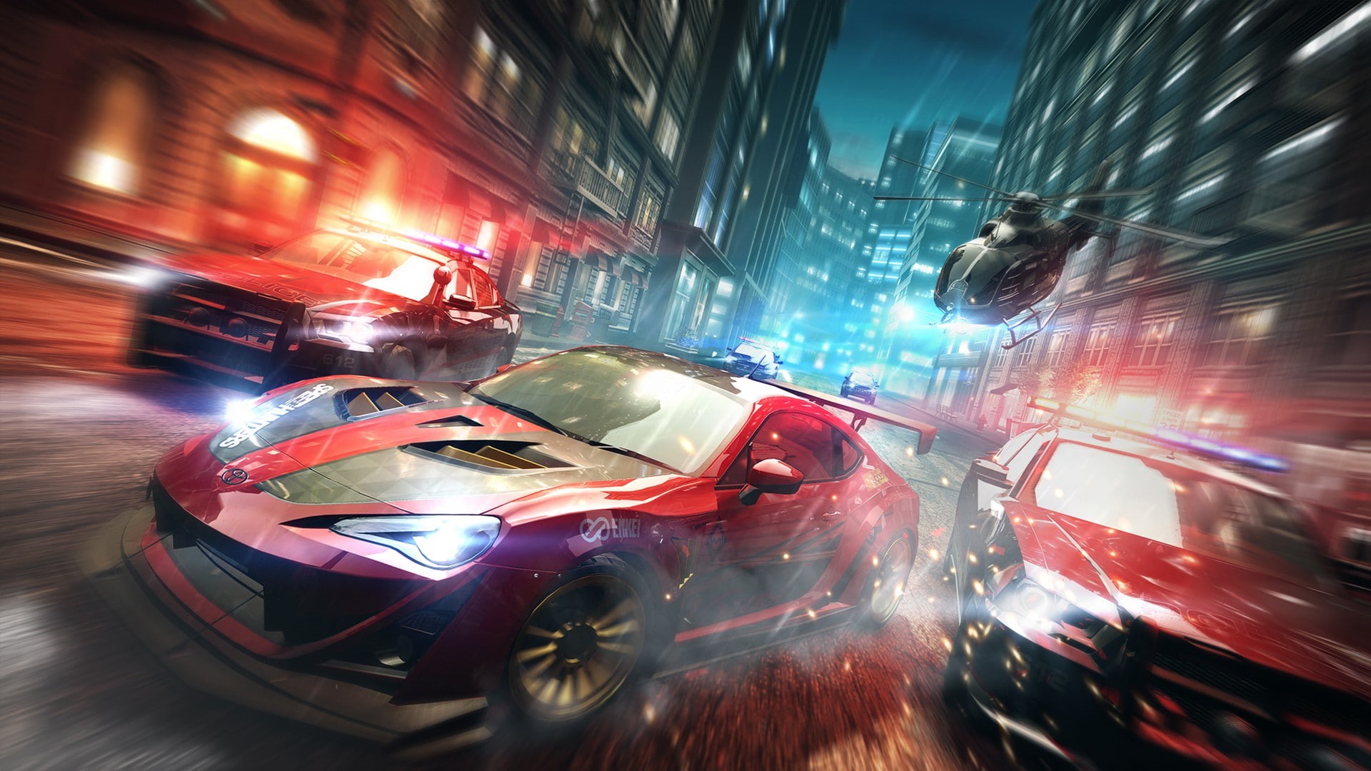 need for speed no limits video games night city toyota 86 tuning police cars motion blur dodge charger helicopters need for speed, 1080P, HD Wallpaper