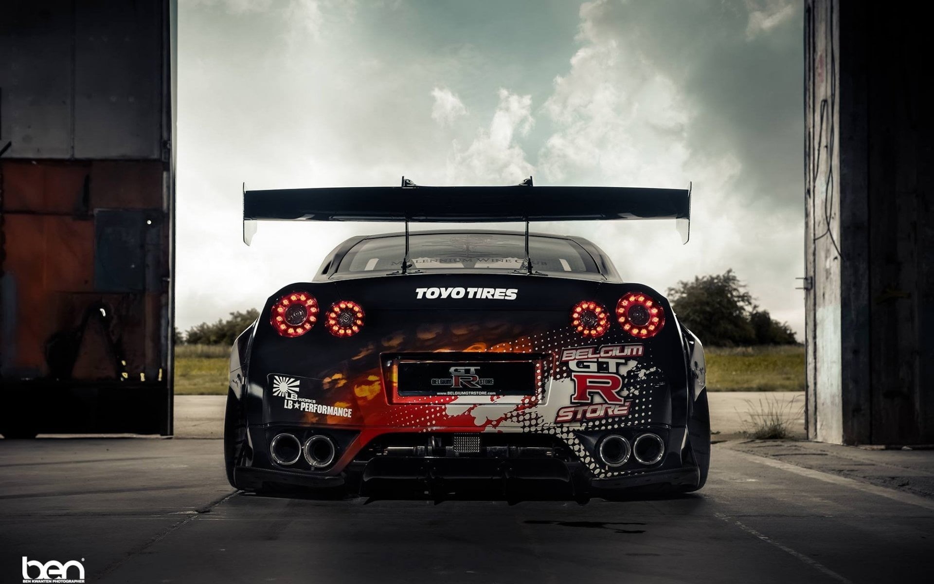 transportation, built structure, western script, car, street, no people, text, GT-R, architecture, black, road, garage, nature, Liberty Walk, travel, day, HD Wallpaper
