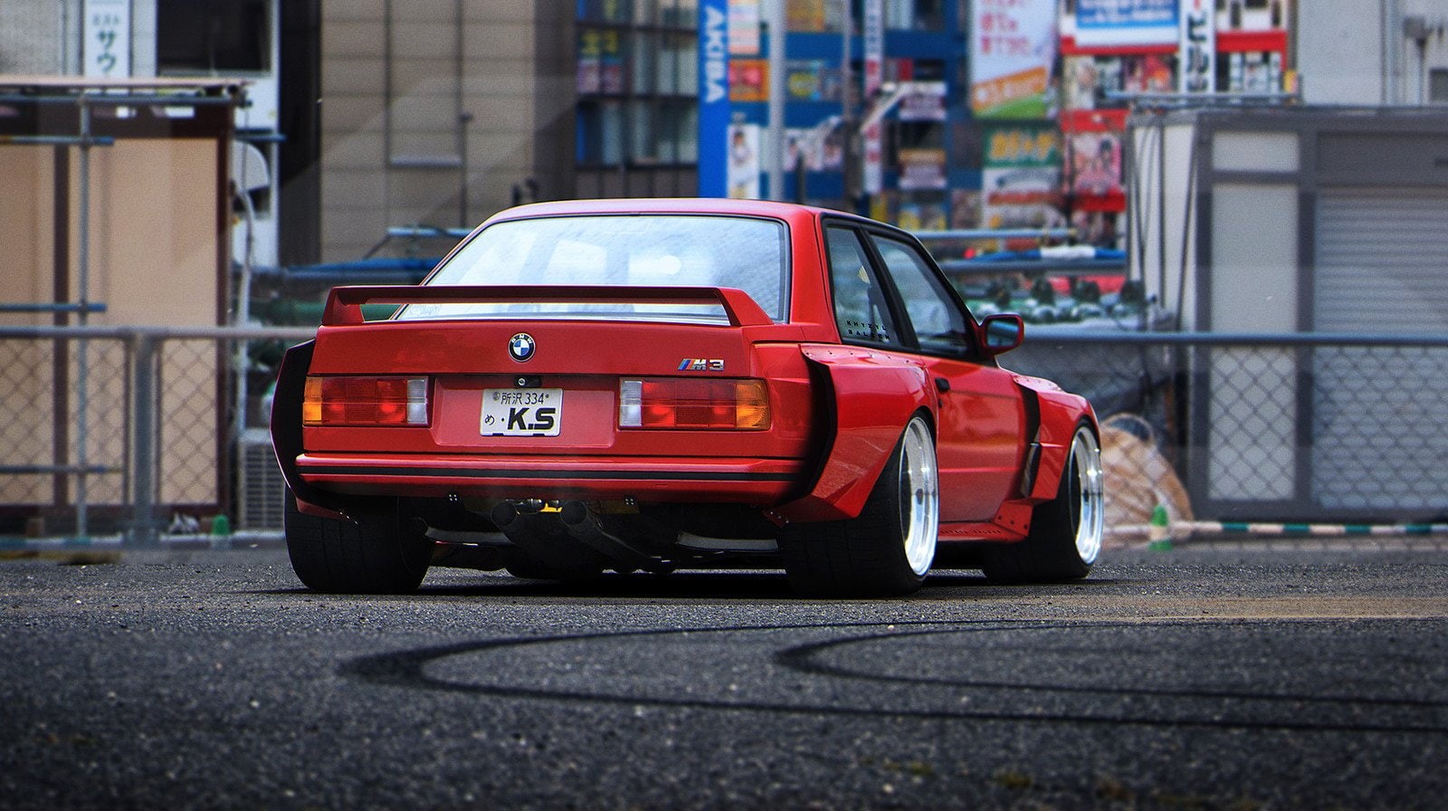speed, widebody, motion, city street, 720P, BMW E30, digital art, red, building exterior, mode of transportation, city life, road, sign, BMW, no people, HD Wallpaper
