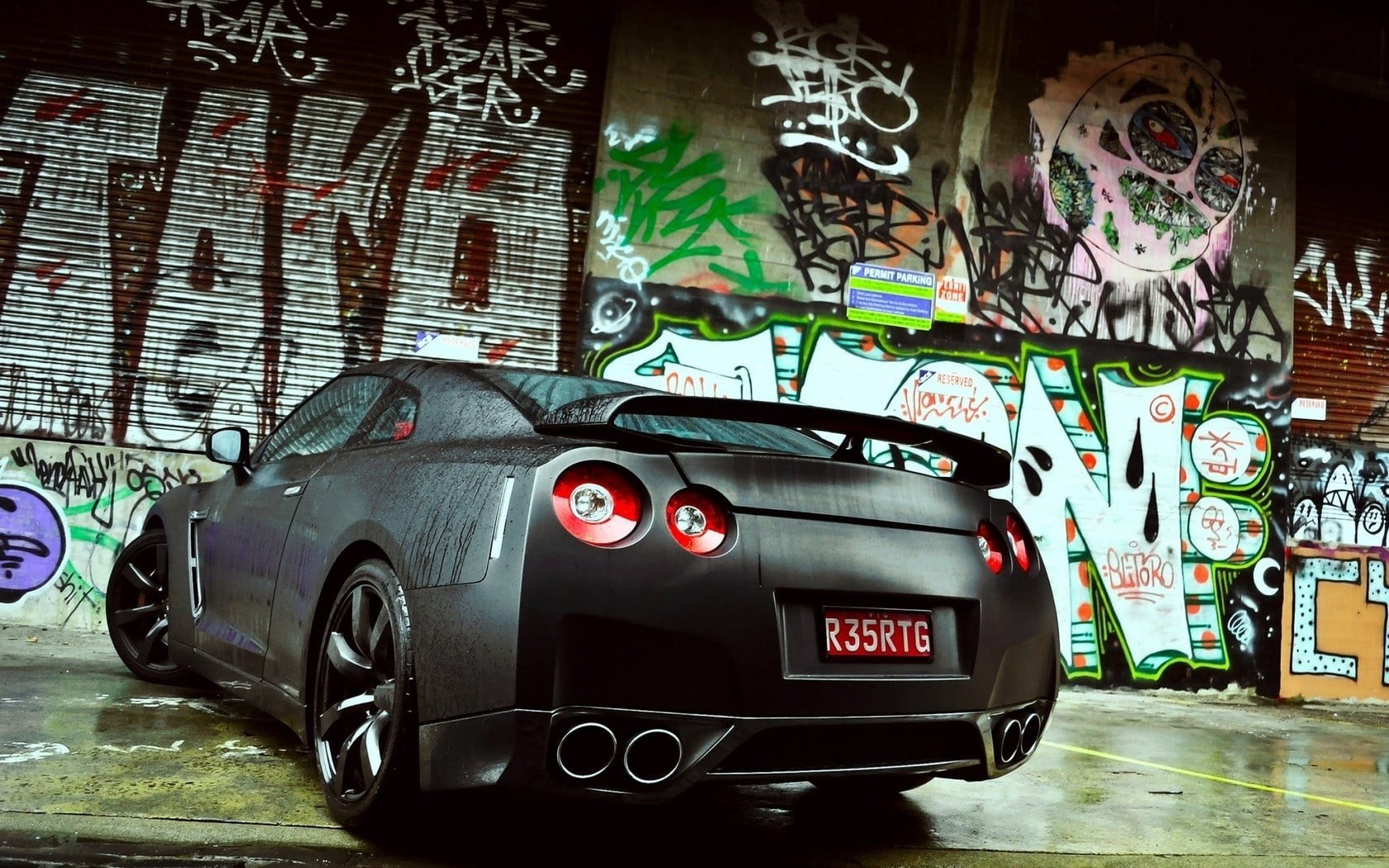 architecture, Nissan GT-R, art and craft, text, street art, motor vehicle, multi colored, Nissan, car, built structure, representation, indoors, city, 720P, HD Wallpaper