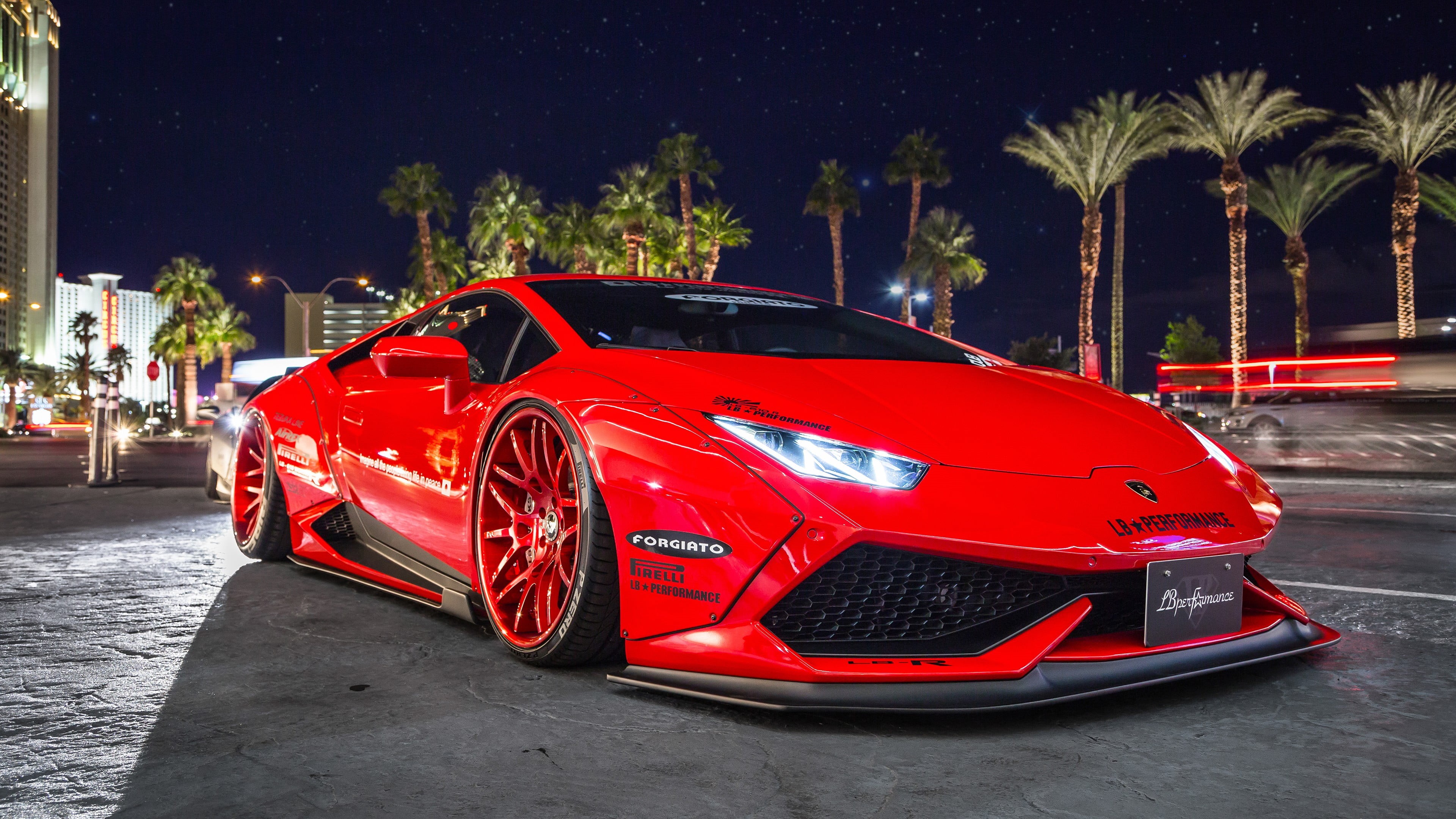 Lamborghini, transportation, road, night, architecture, no people, luxury, car, mode of transportation, city, palm tree, red, sports car, sports, street, HD Wallpaper