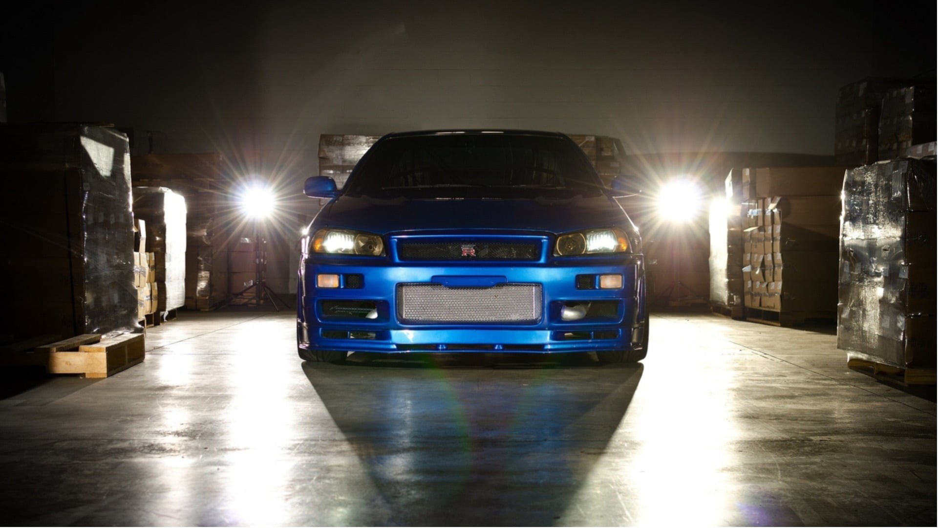 gt-r, driving, built structure, skyline, lens flare, highway, semi-Truck, outdoors, speed, architecture, road, street light, multiple Lane Highway, trucking, HD Wallpaper