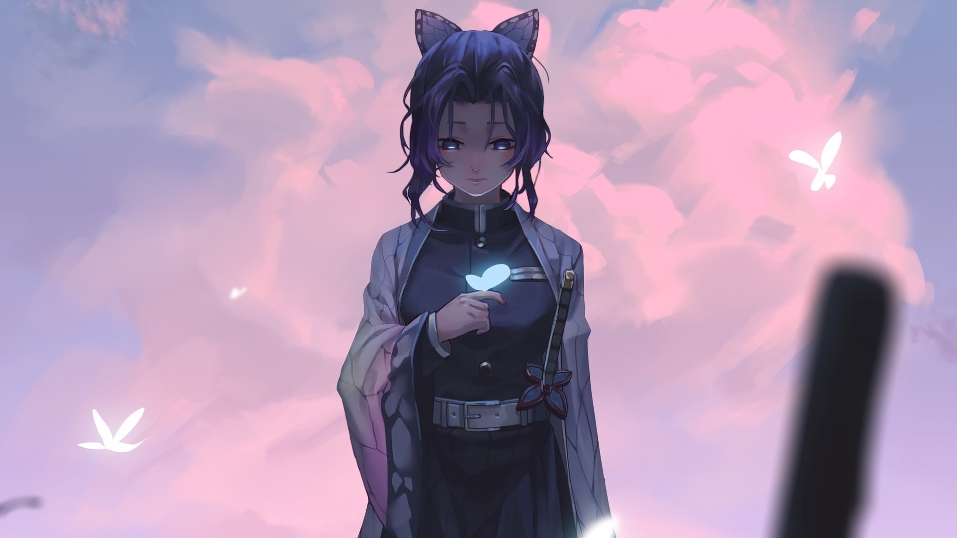 Kimetsu no Yaiba, anime, sword, Kochou Shinobu, simple background, anime girls, butterfly, gray eyes, 1080P, HD Wallpaper